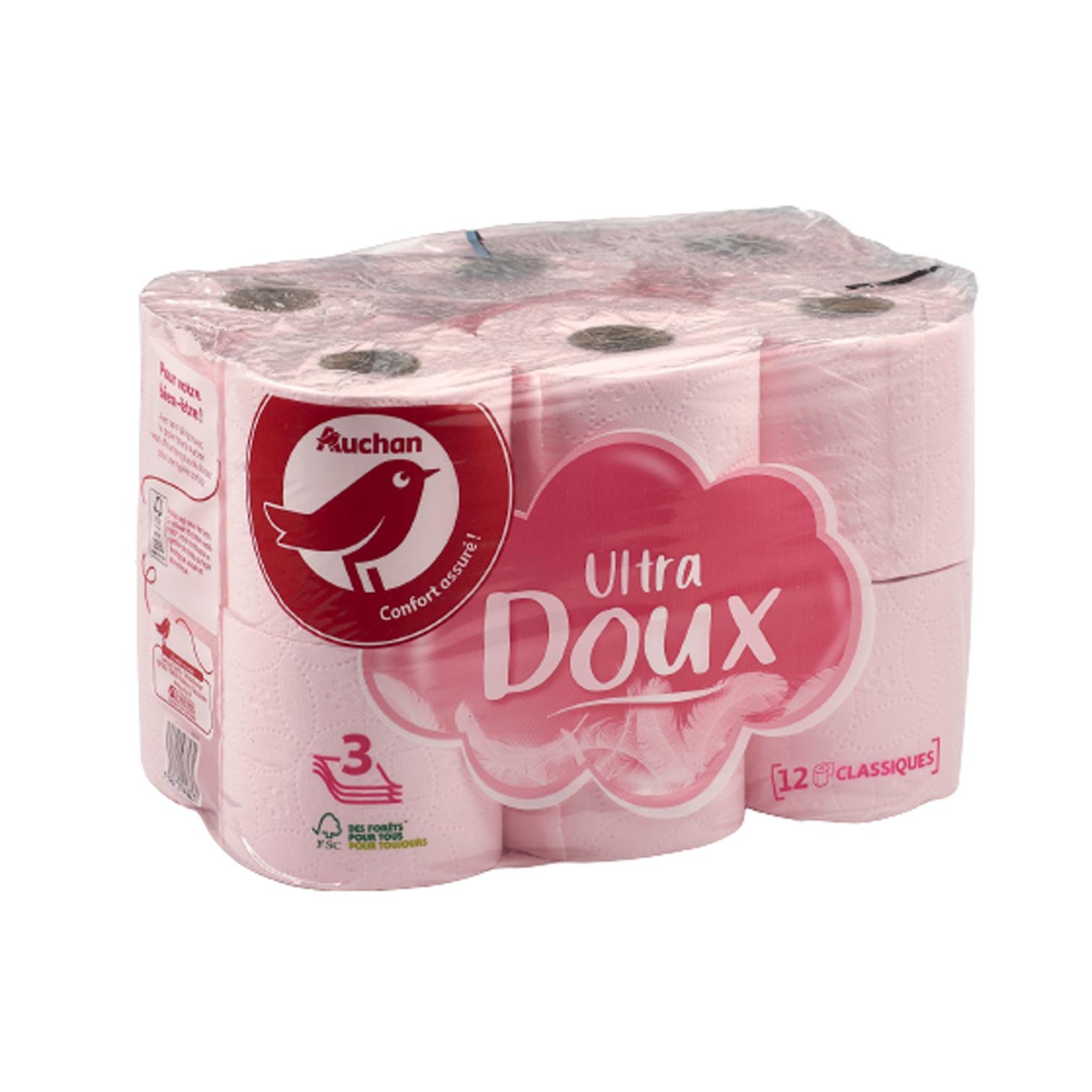 Voir la diapositive 2 : AUCHAN Papier toilette rose ultra doux 3 épaisseurs 12 rouleaux