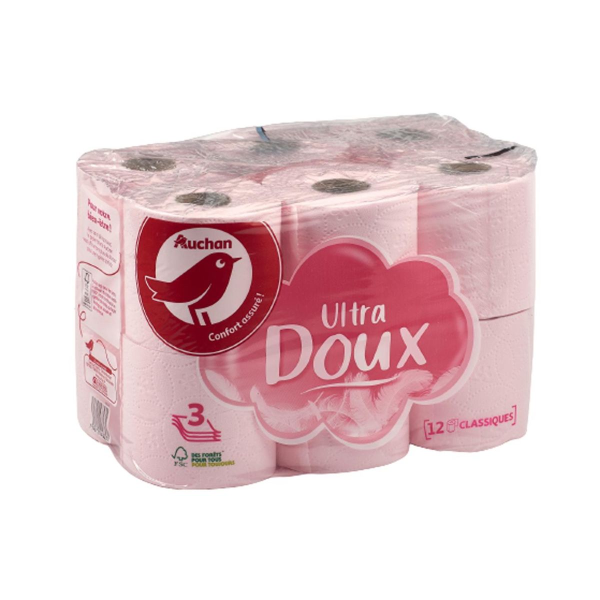 AUCHAN Papier toilette rose ultra doux 3 épaisseurs 12 rouleaux