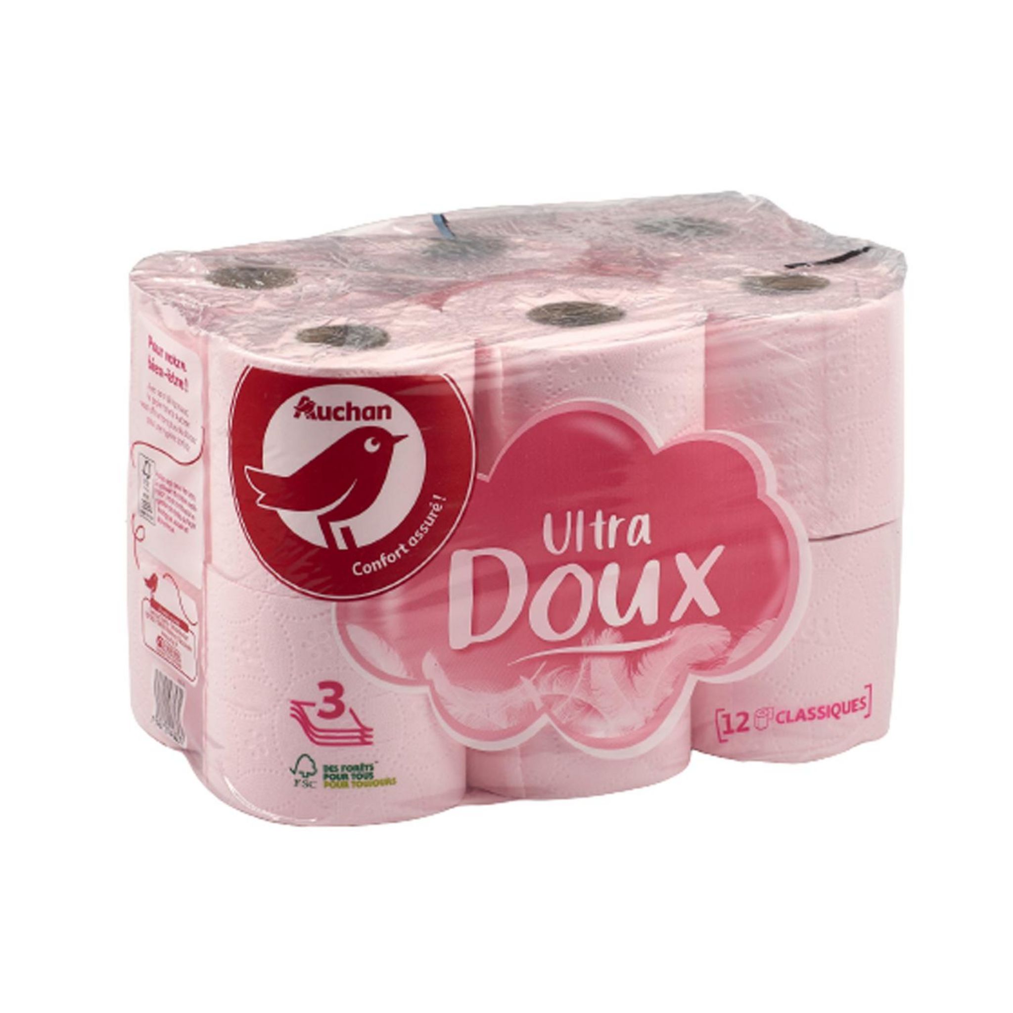Voir la diapositive 2 : AUCHAN Papier toilette rose ultra doux 3 épaisseurs 12 rouleaux