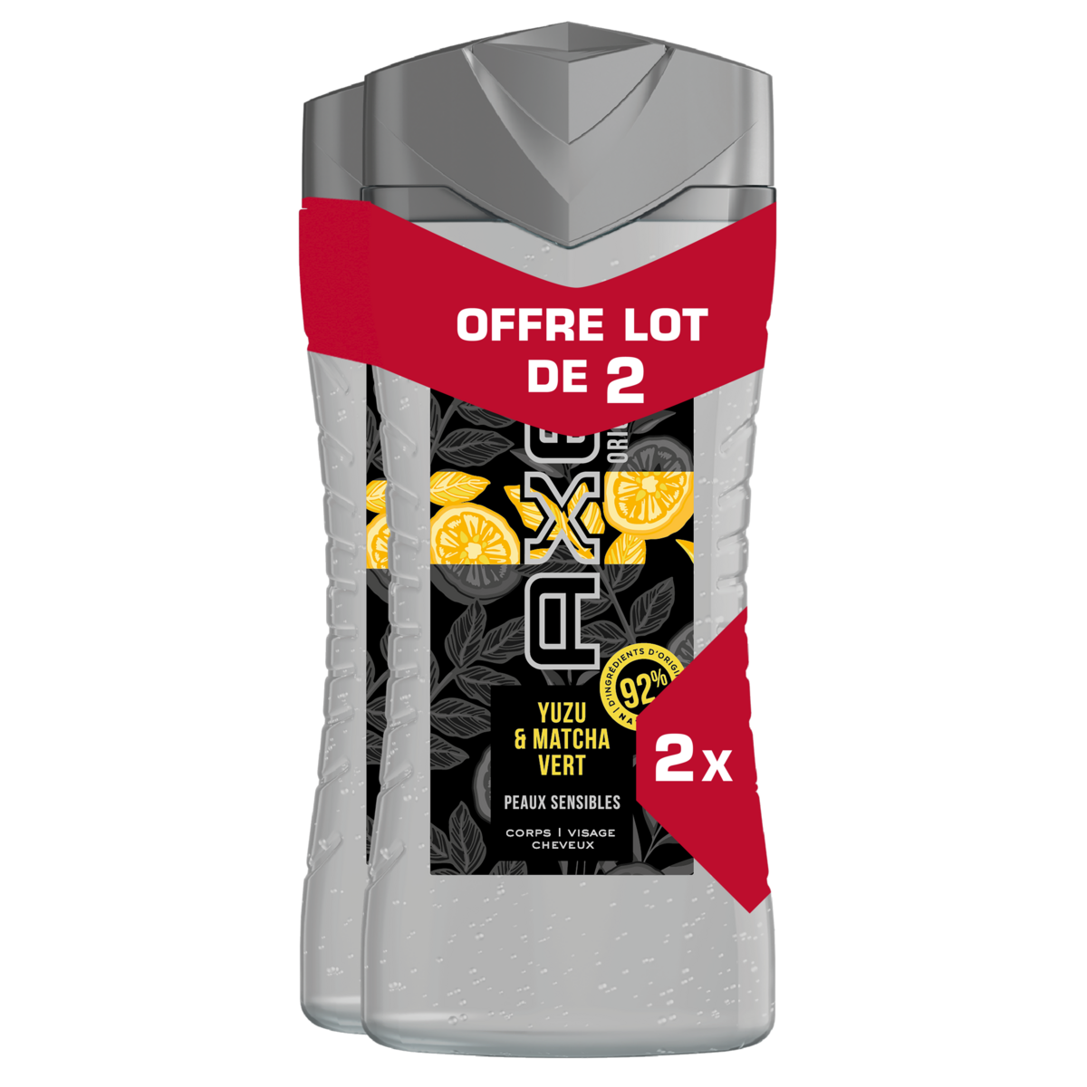 AXE Gel Douche homme 3en1 yuzu & matcha vert peaux sensibles 2x250ml