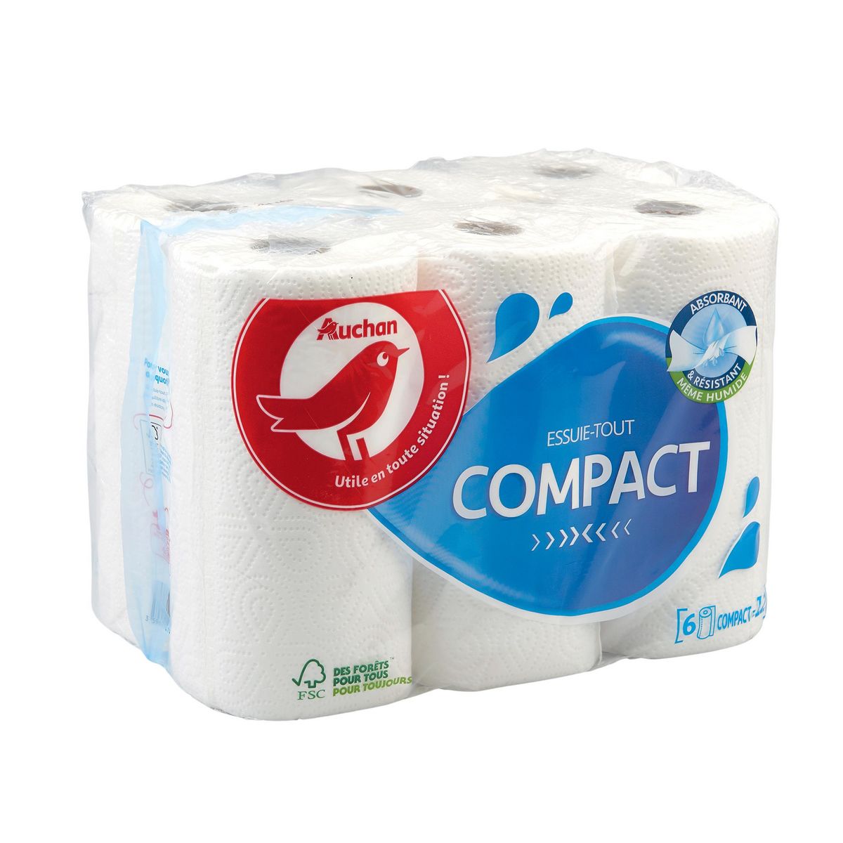 AUCHAN Essuie-tout compact = 12 standards 6 rouleaux