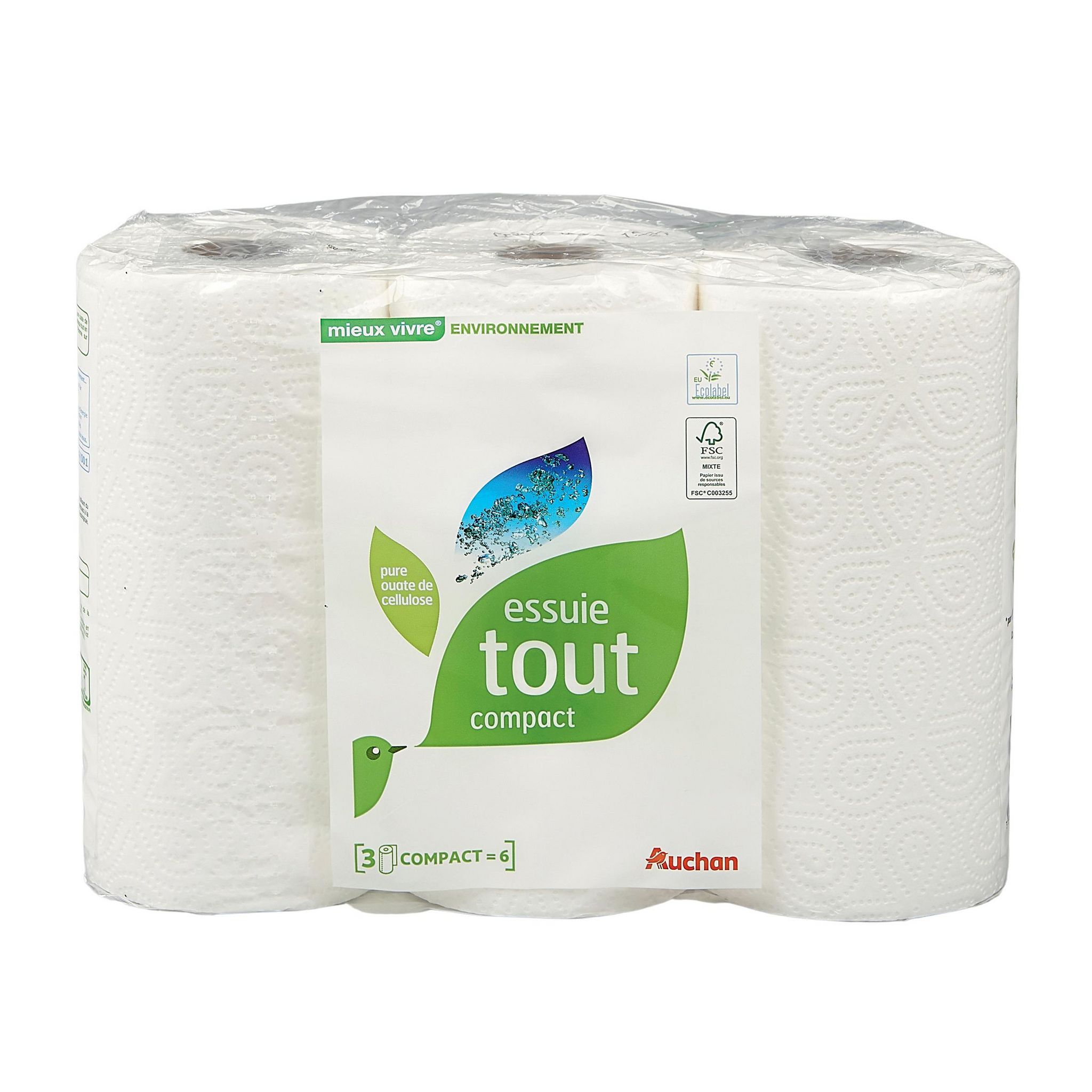 Voir la diapositive 2 : AUCHAN MIEUX VIVRE Essuie-tout blanc compact écologique = 6 standards 3 rouleaux