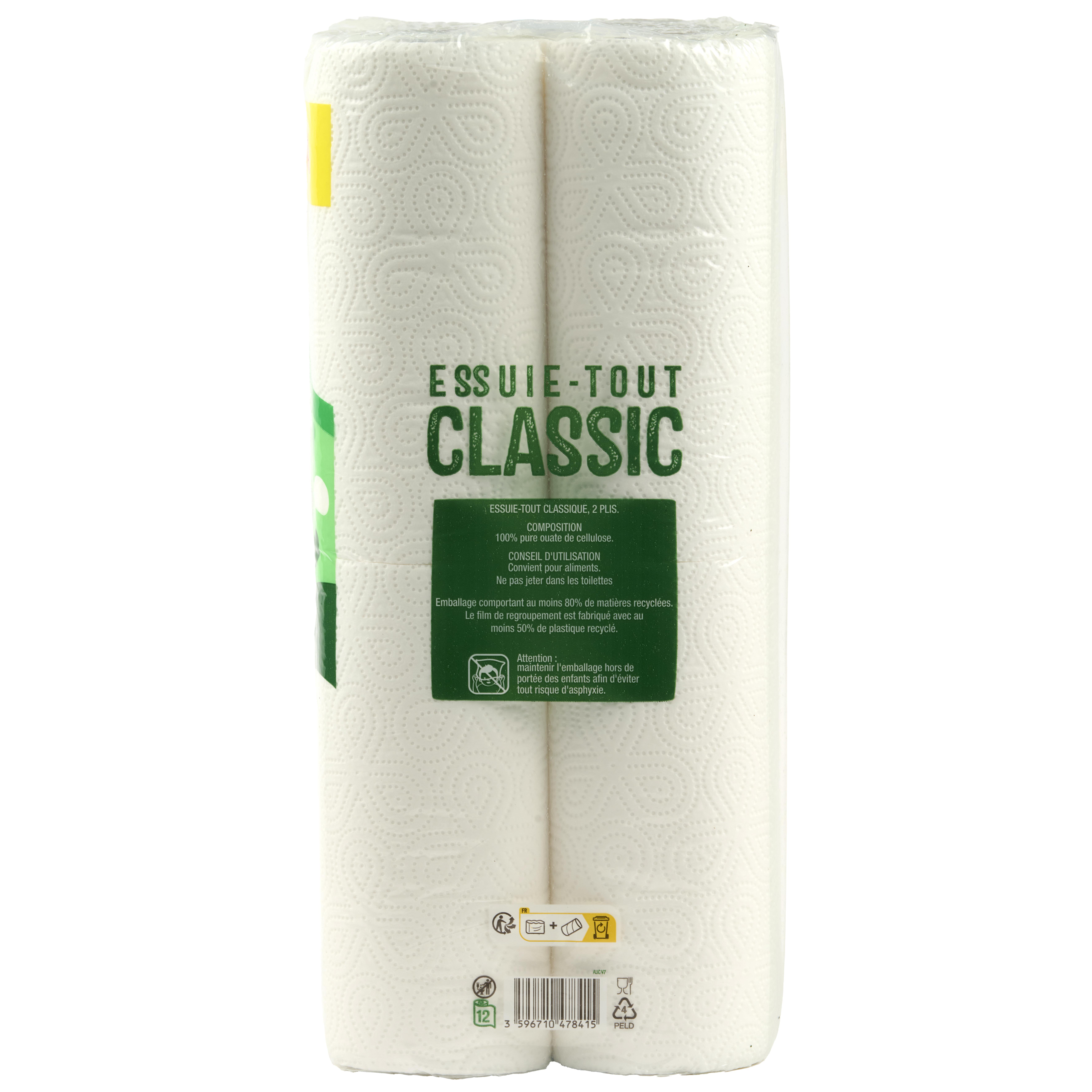 Voir la diapositive 2 : AUCHAN Essuie-tout blanc classic format familial 12 rouleaux