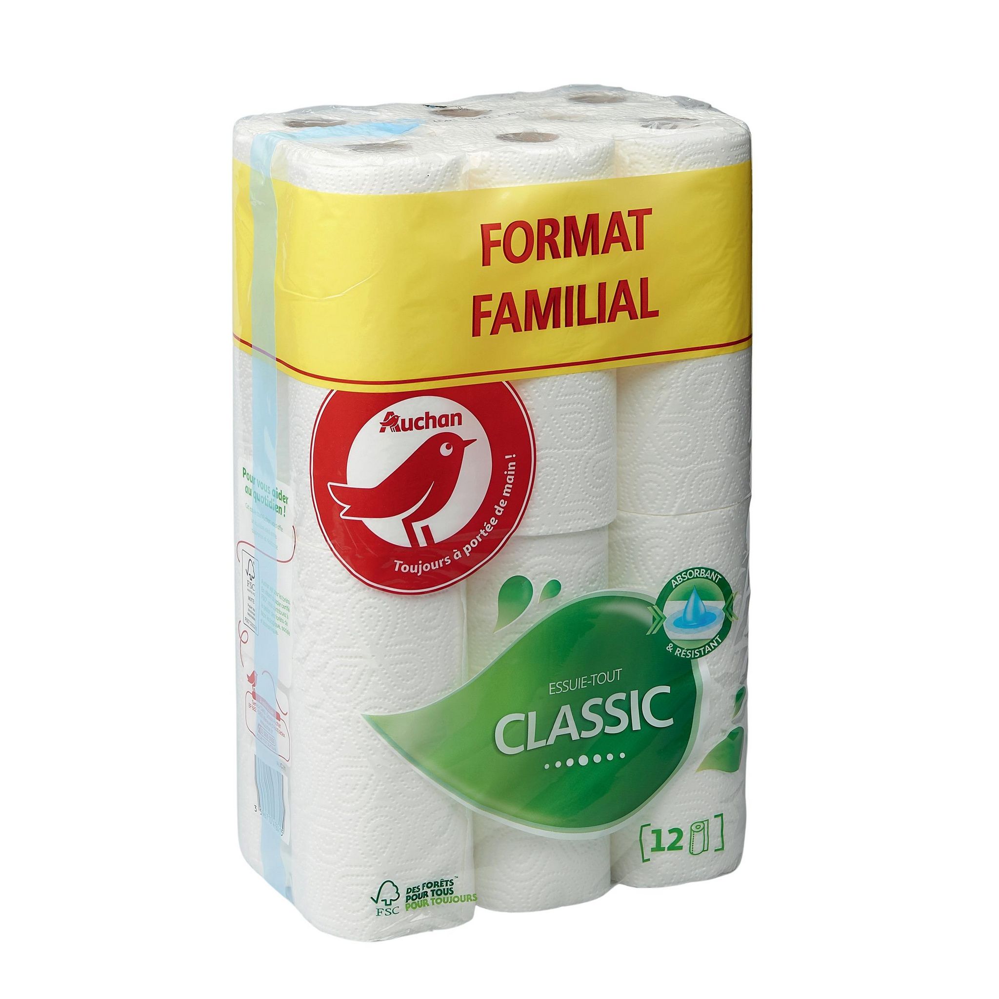 Voir la diapositive 2 : AUCHAN Essuie-tout blanc classic format familial 12 rouleaux