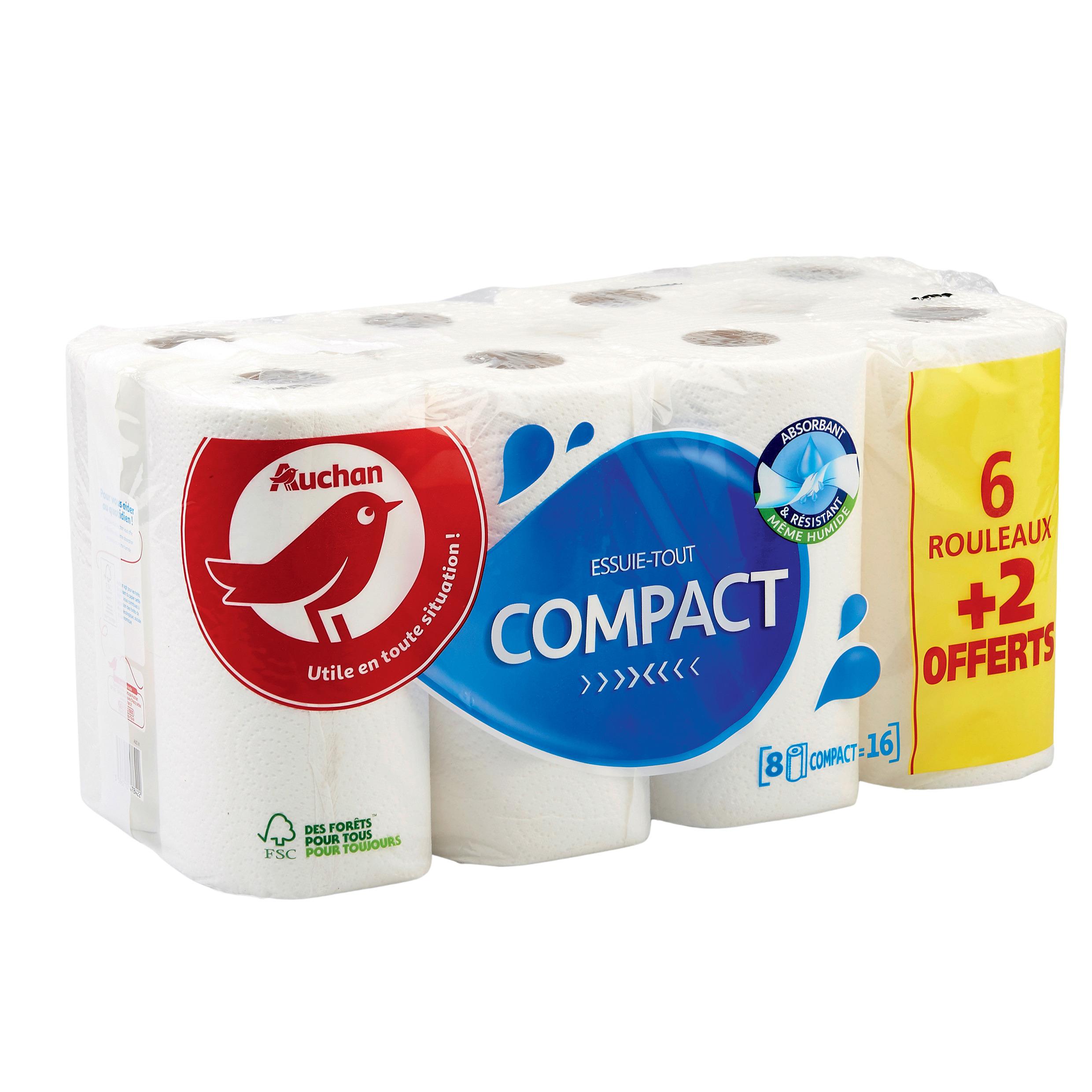 Voir la diapositive 1 : AUCHAN Essuie-tout compact 6+2 offerts 8 rouleaux
