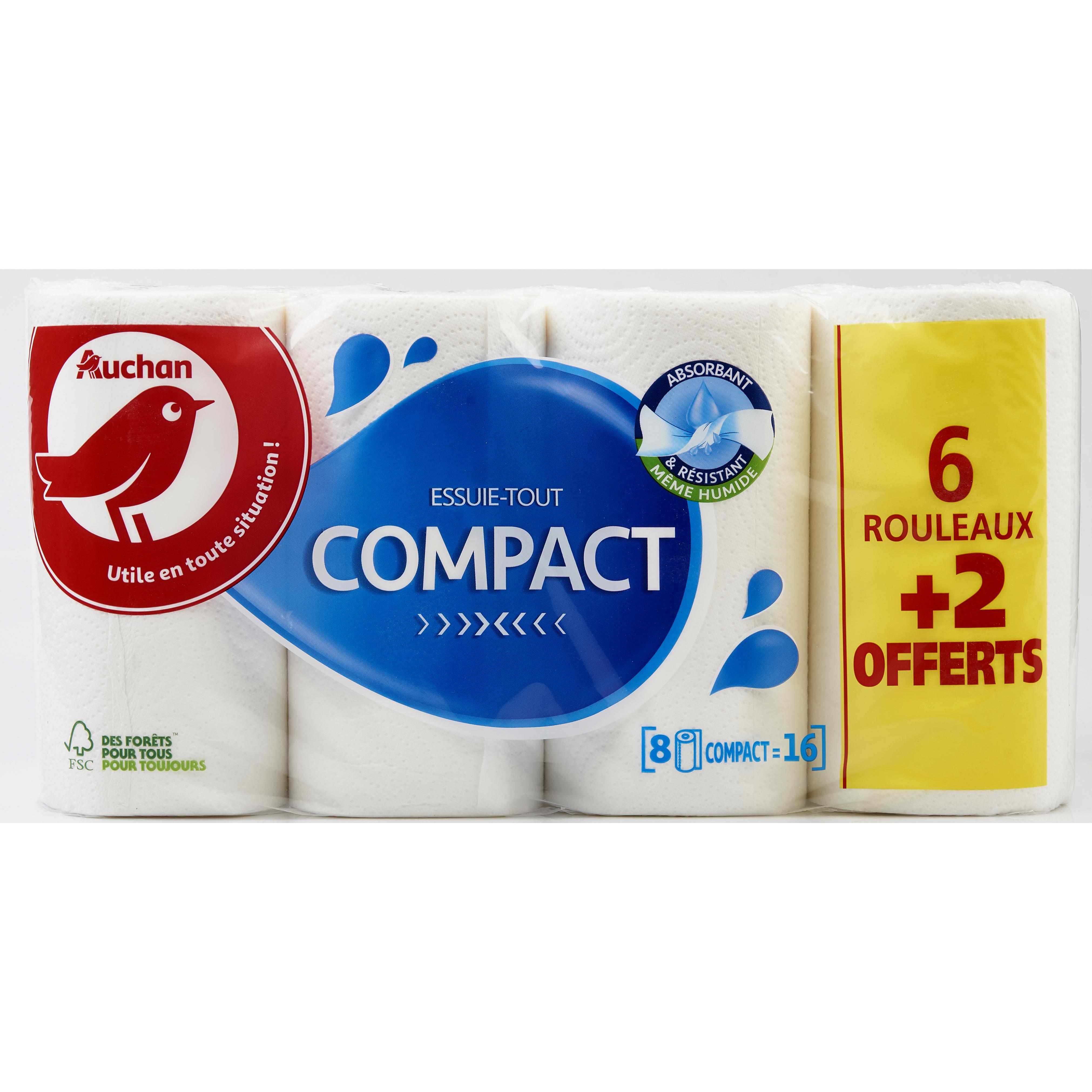 Voir la diapositive 2 : AUCHAN Essuie-tout compact 6+2 offerts 8 rouleaux