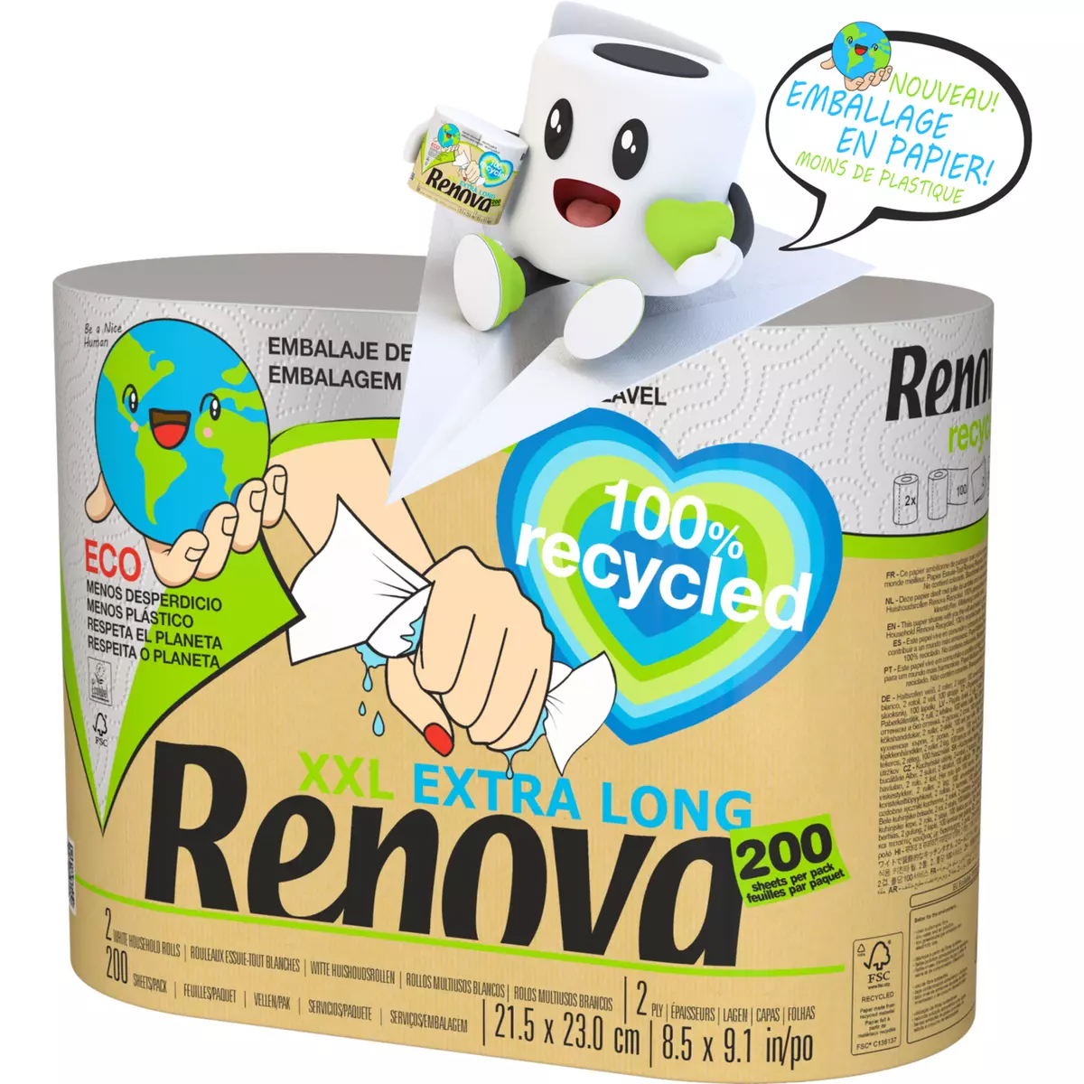 RENOVA Essuie tout blanc XXL extra long 100% recycled 2 rouleaux