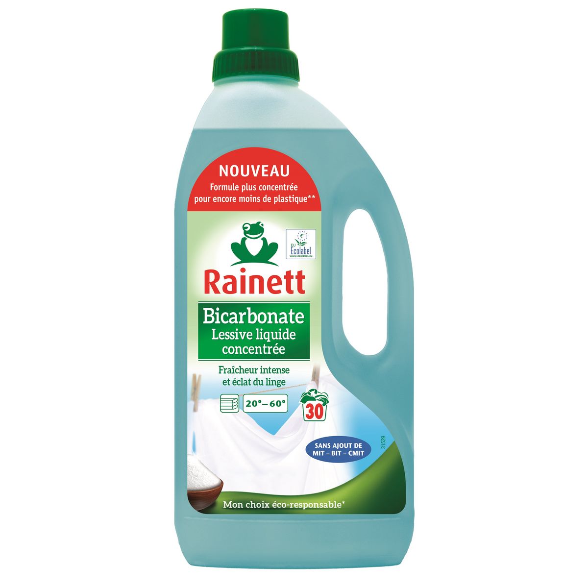 RAINETT Formule plus concentrée pour une propreté éclatante sur tous les textiles, de 20°C à 95°C.Formule au bicarbonate avec action détachante pour un linge propre, frais et éclatant.Hypoallergénique, testé dermatologiquement, sans ajout de conservateurs, sans ajout de MIT - BIT - CMIT. 30 lavages 1,5l