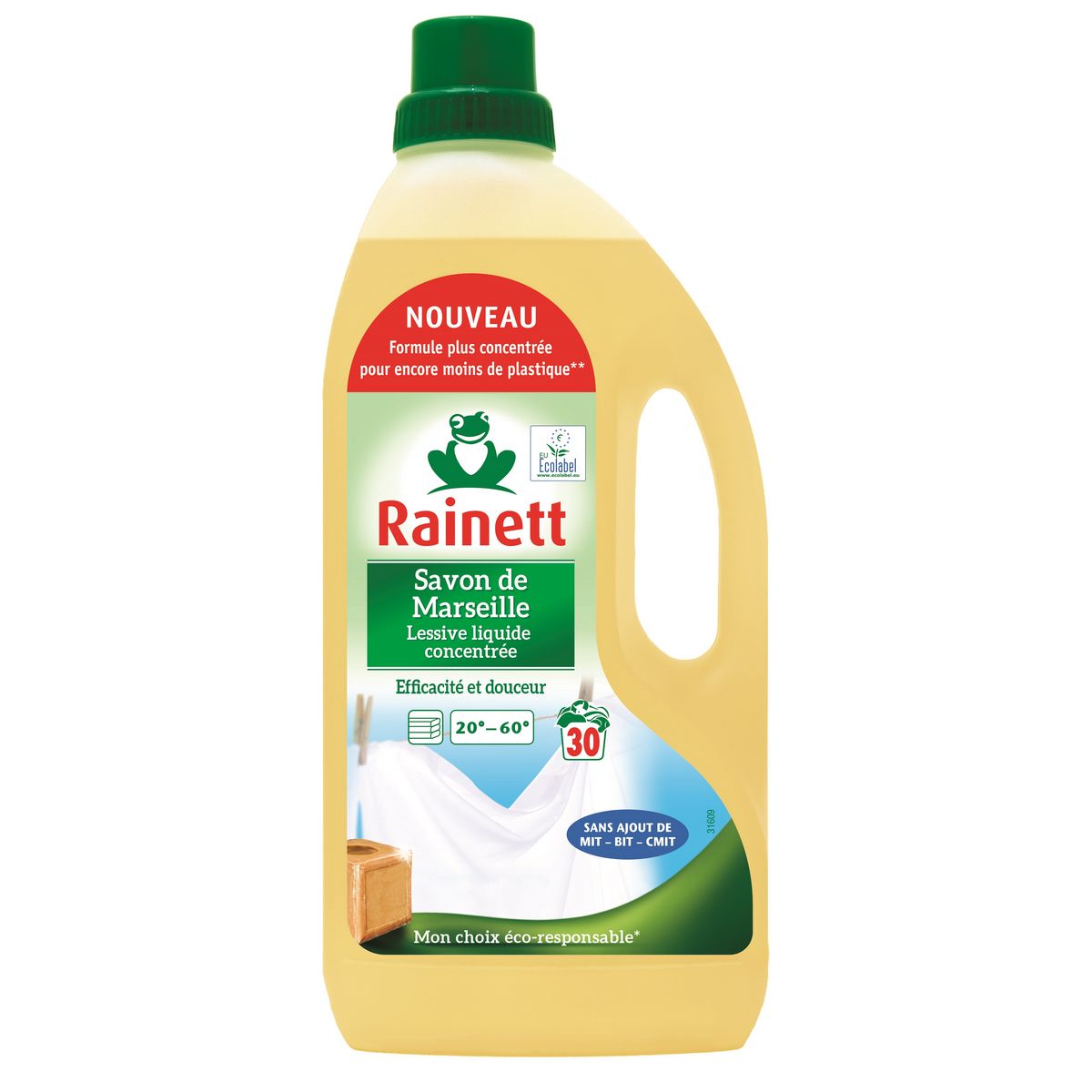 RAINETT Lessive Liquide Concentrée Ecolabel Savon de Marseille 30 lavages 1.5l 