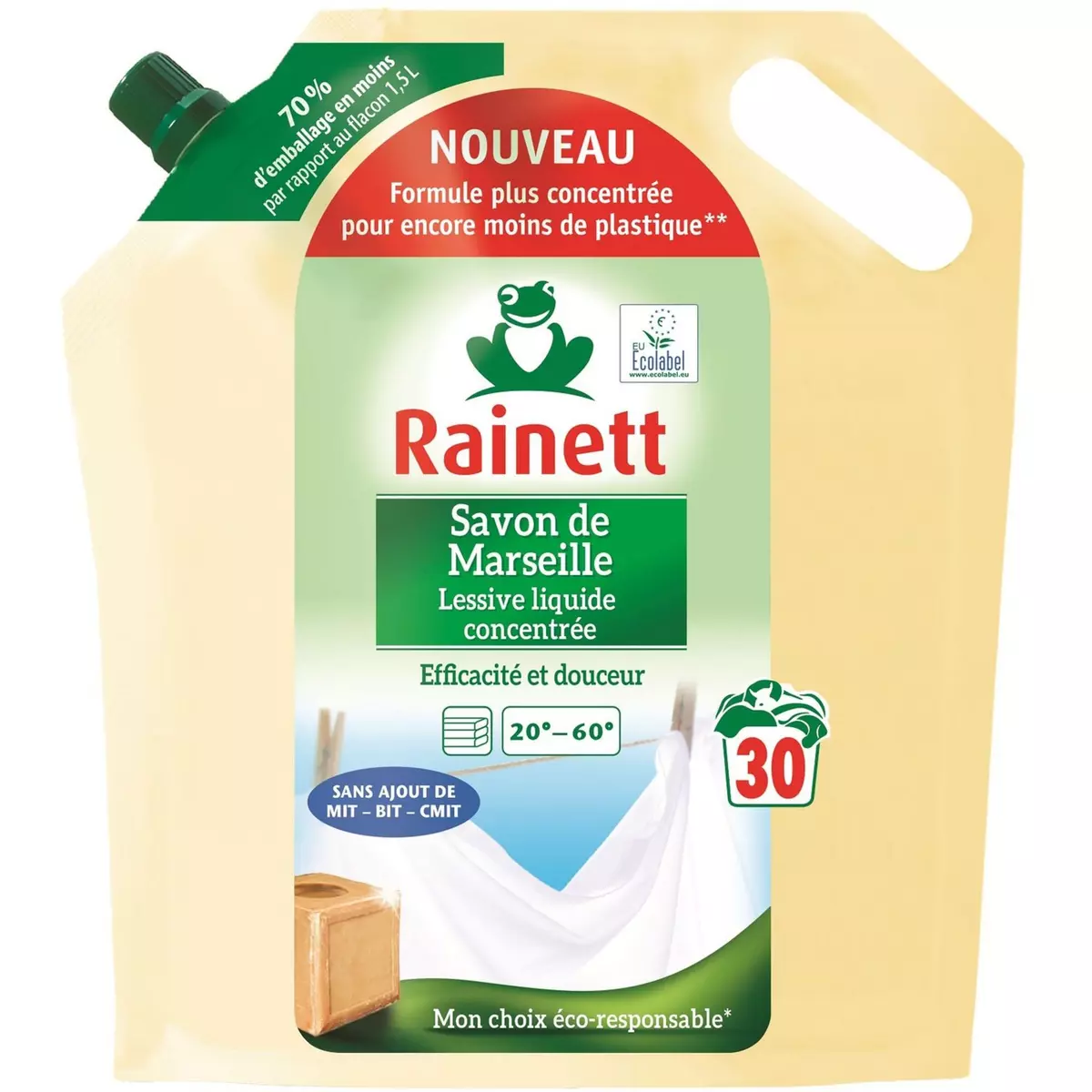 RAINETT Recharge lessive liquide au savon de Marseille 30 lavages 1.5l 