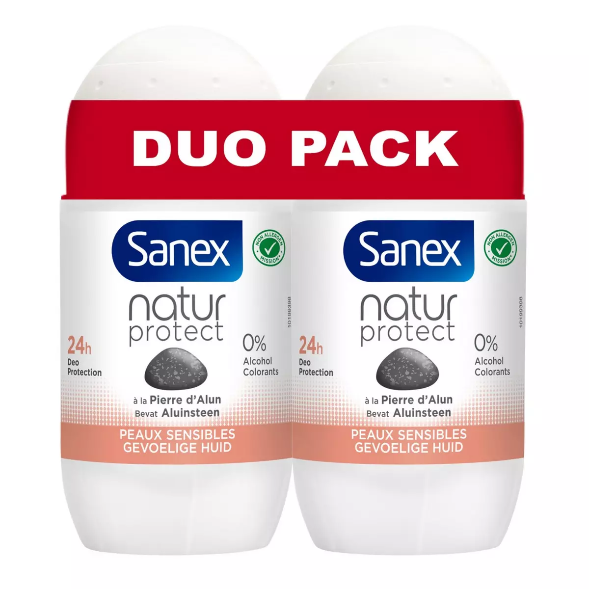 SANEX Natur Protect déodorant bille 24h peaux sensibles à la pierre d'alun 2x50 ml