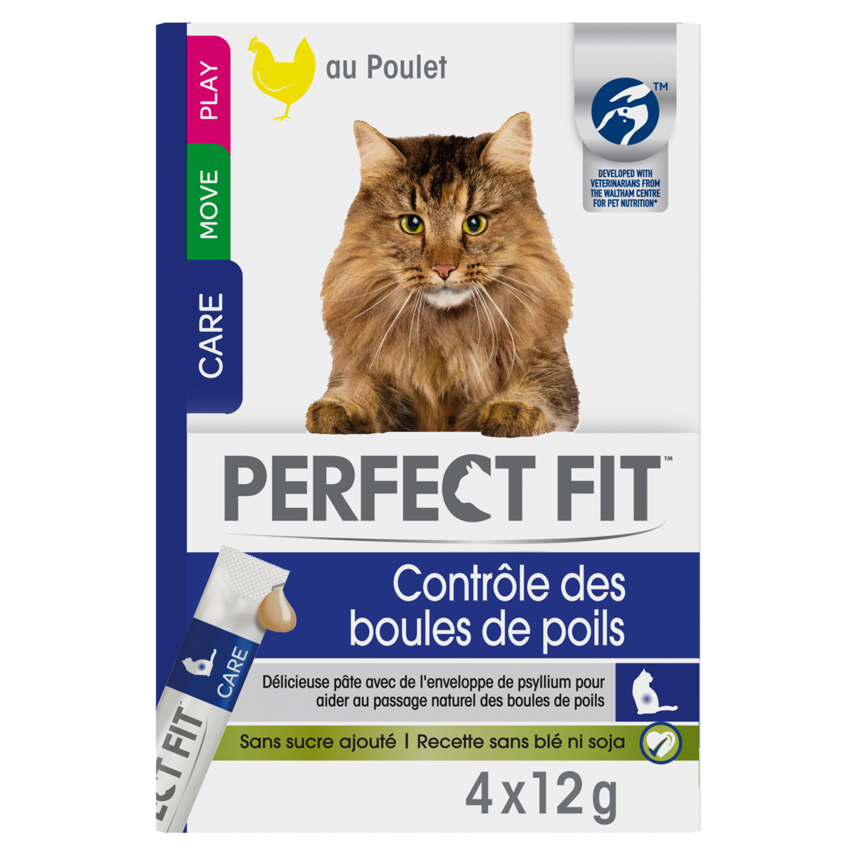 PERFECT FIT Pâté au poulet contrôle des boules de poils pour chat 4x12g