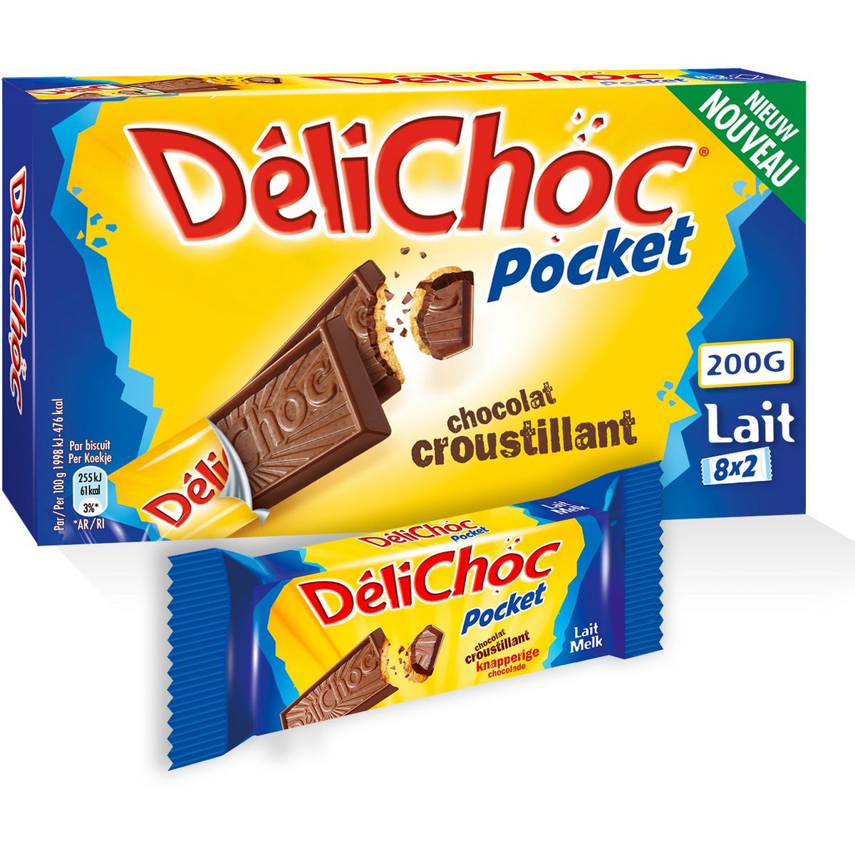 DELICHOC Pocket Biscuits au chocolat au lait sachets fraîcheur 8 sachets 200G