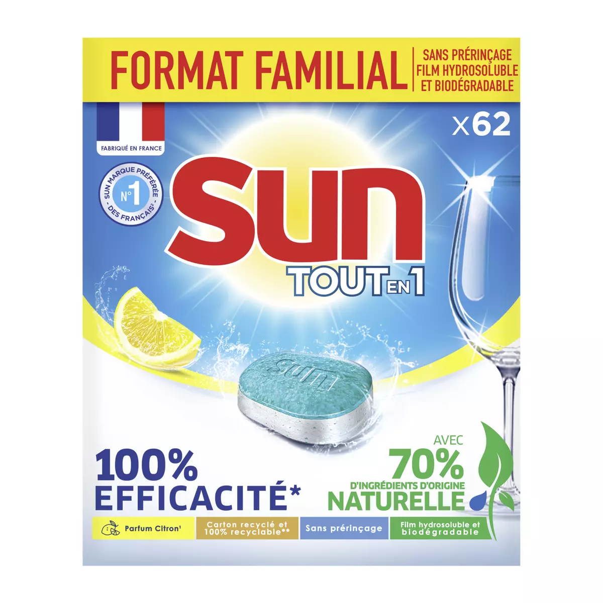 SUN Tablettes lave-vaisselle tout en 1 citron Ecolabel 62 tablettes