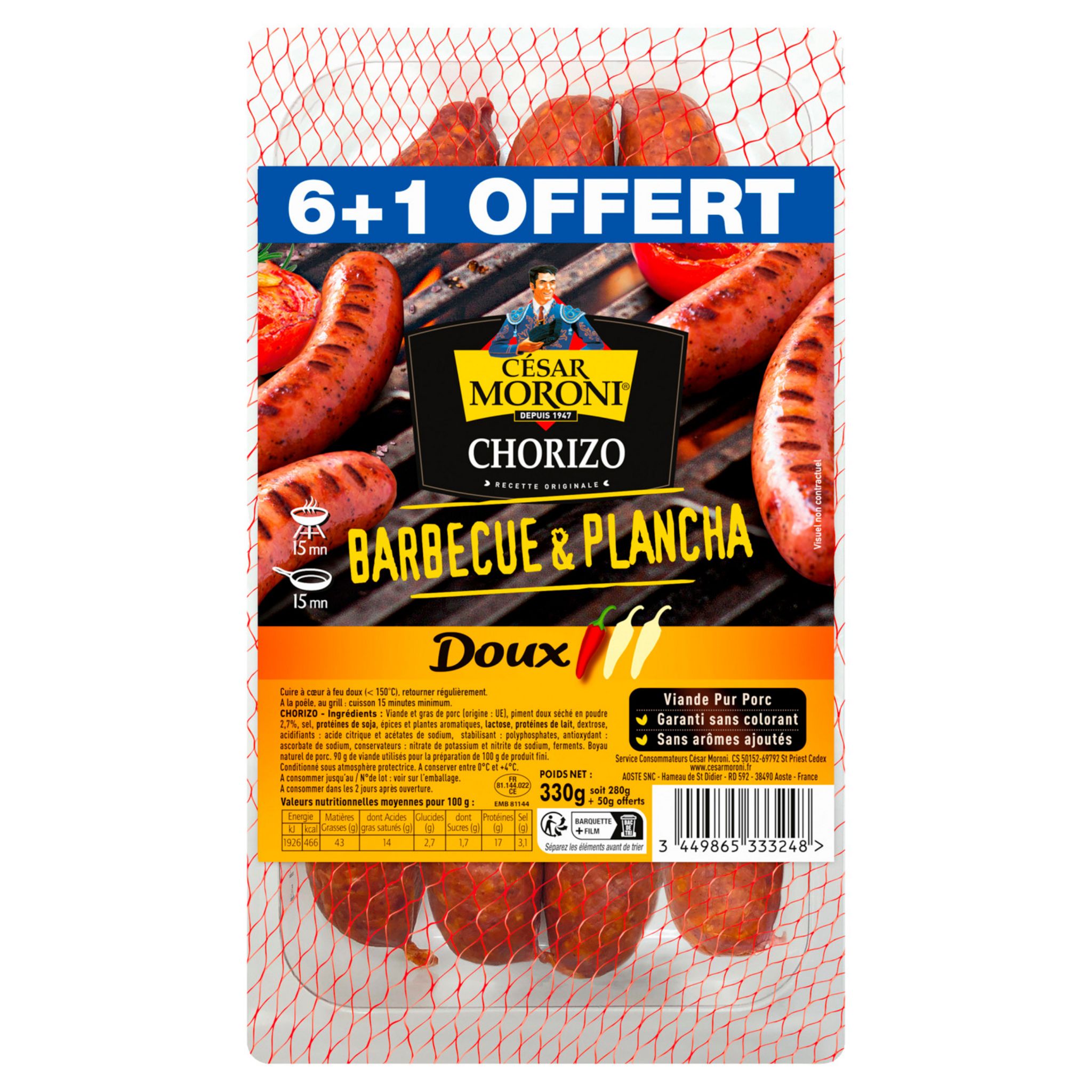 MORONI Chorizo doux à cuire 6+1 offert 330g