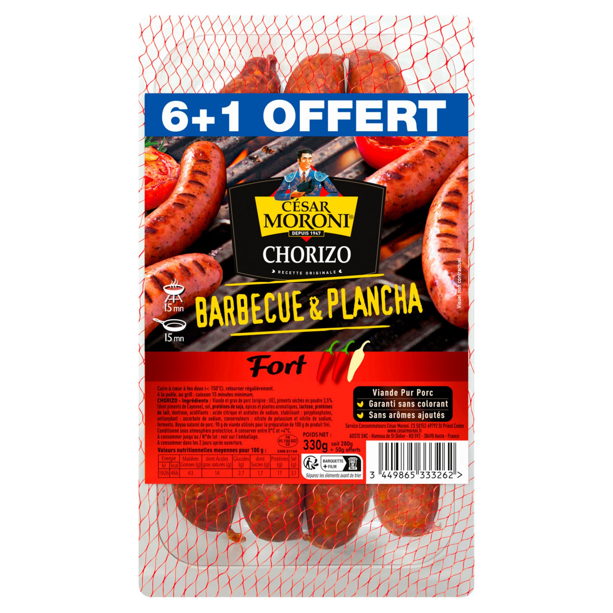 CESAR MORONI Chorizo fort à griller 6+1 offert 330g