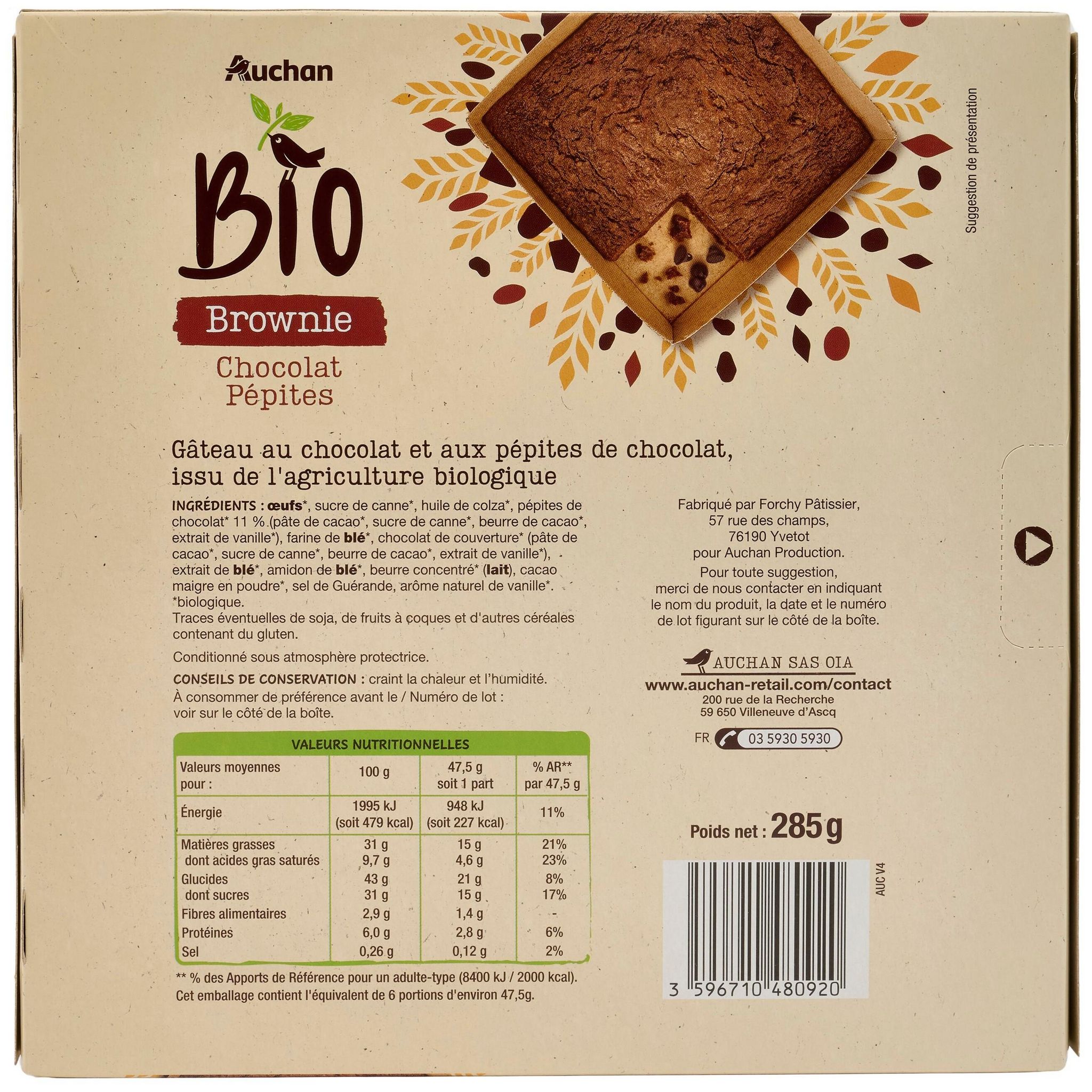 Voir la diapositive 3 : AUCHAN BIO Brownie chocolat pépite bio 285g