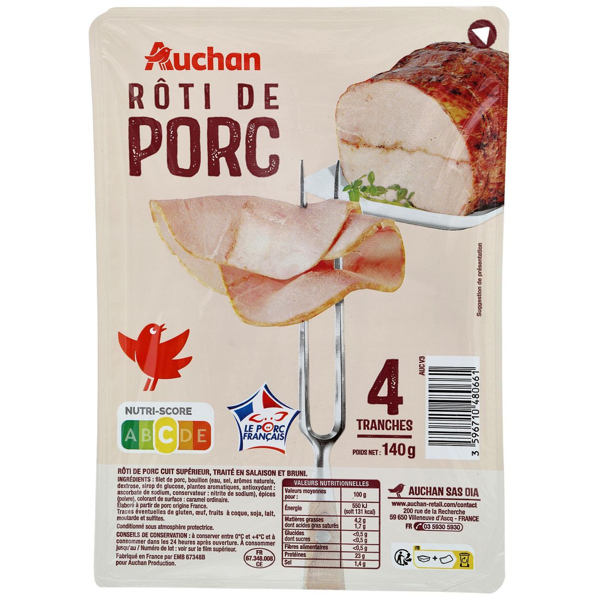 AUCHAN Rôti de porc 4 tranches 140g