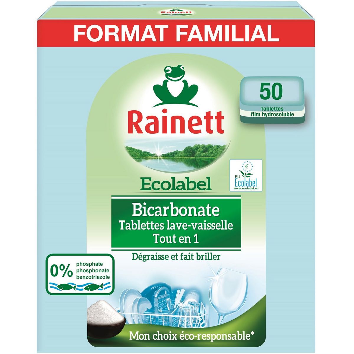 RAINETT Tablettes lave-vaisselle  tout en 1 bicarbonate écolabel 50 tablettes