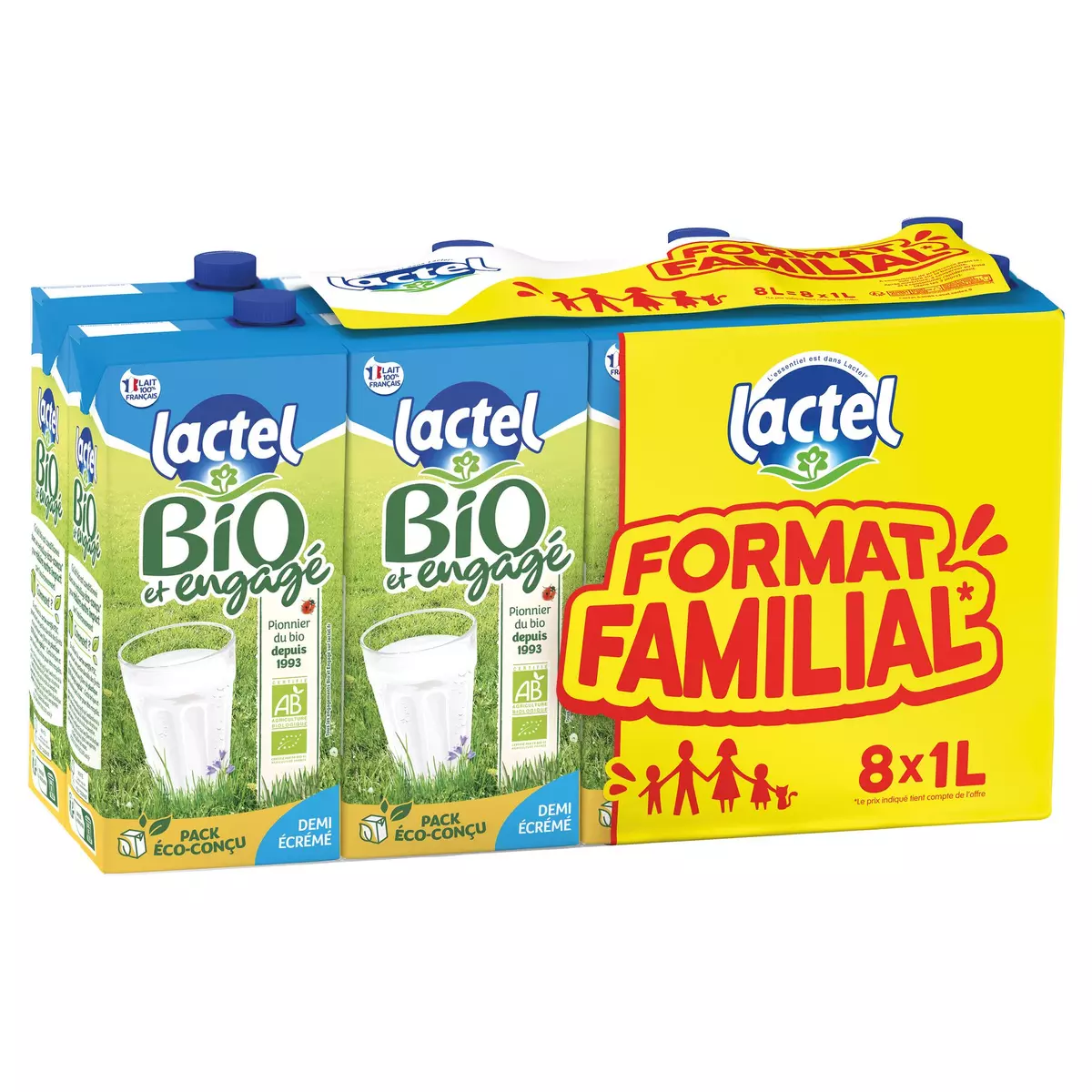 Lait demi-écrémé Bio Lactel 1l x 6 - Achat pas cher