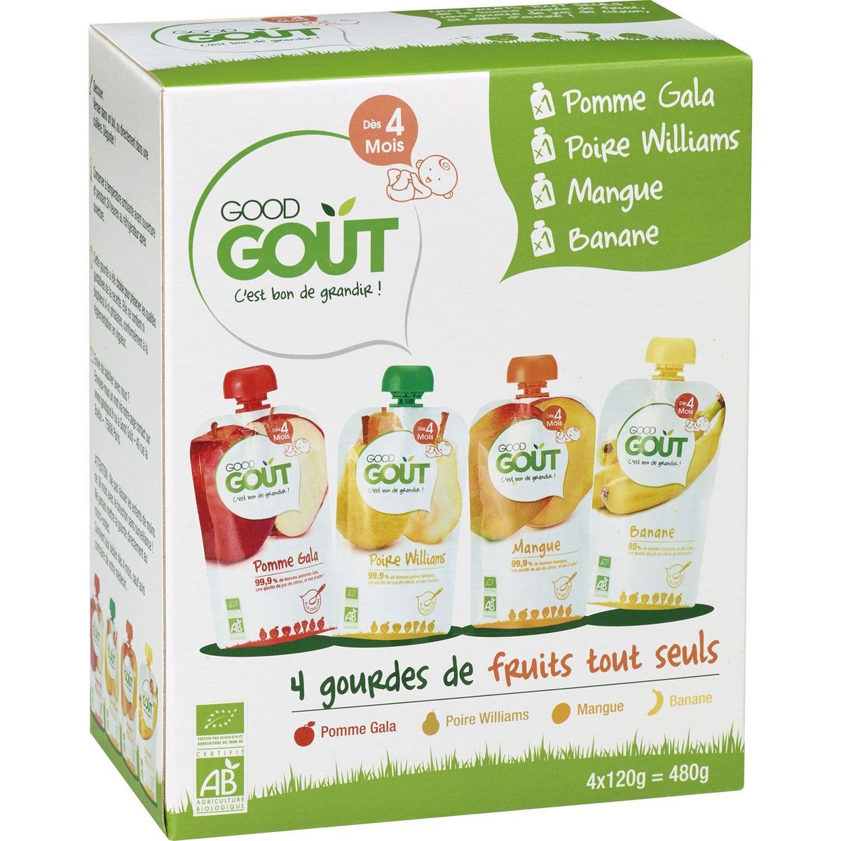 GOOD GOUT Gourde purée de fruits pomme poire mangue et banane bio dès 4 mois 4x120g