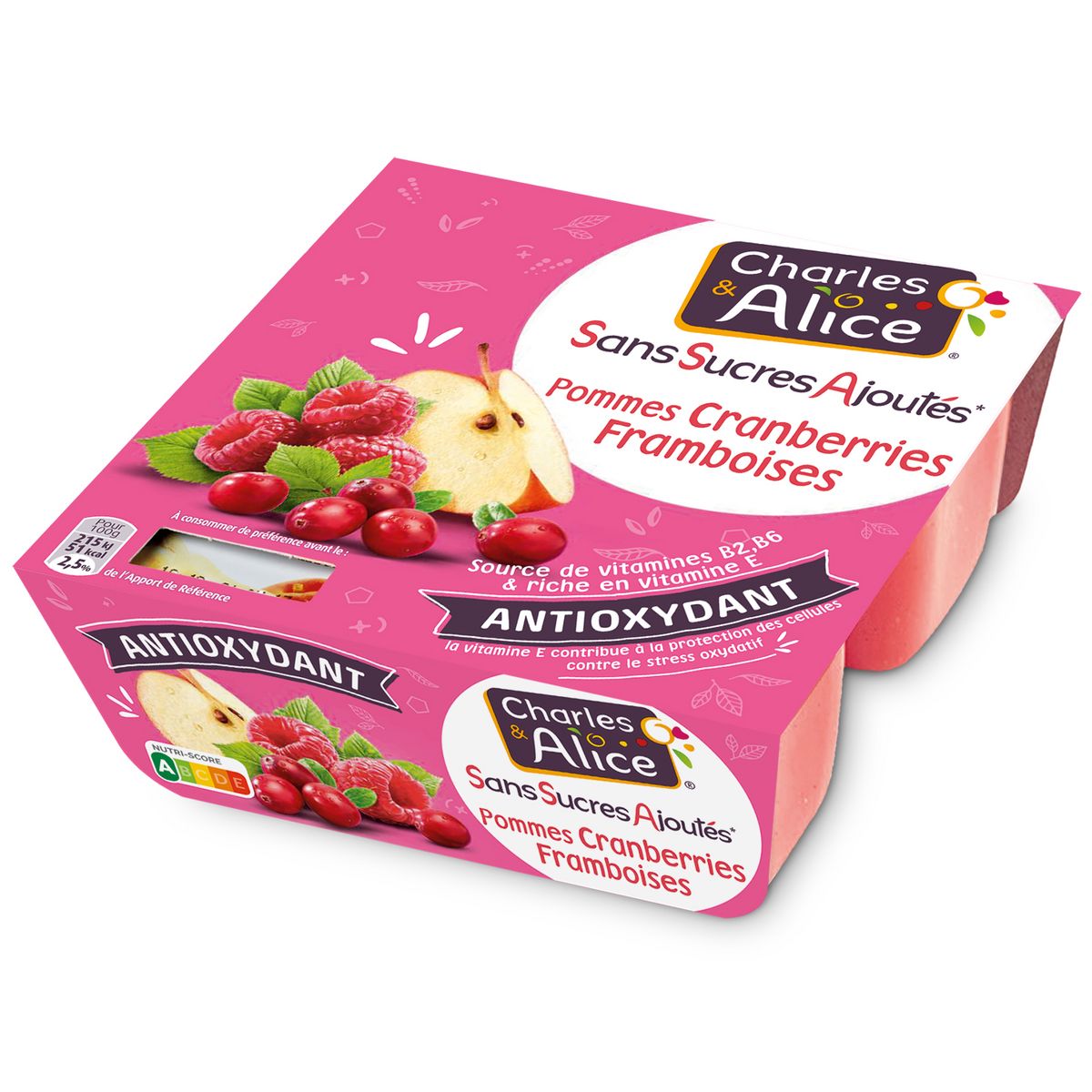 CHARLES & ALICE Purée de fruits pommes cranberries framboise sans sucres ajoutés 4x97g