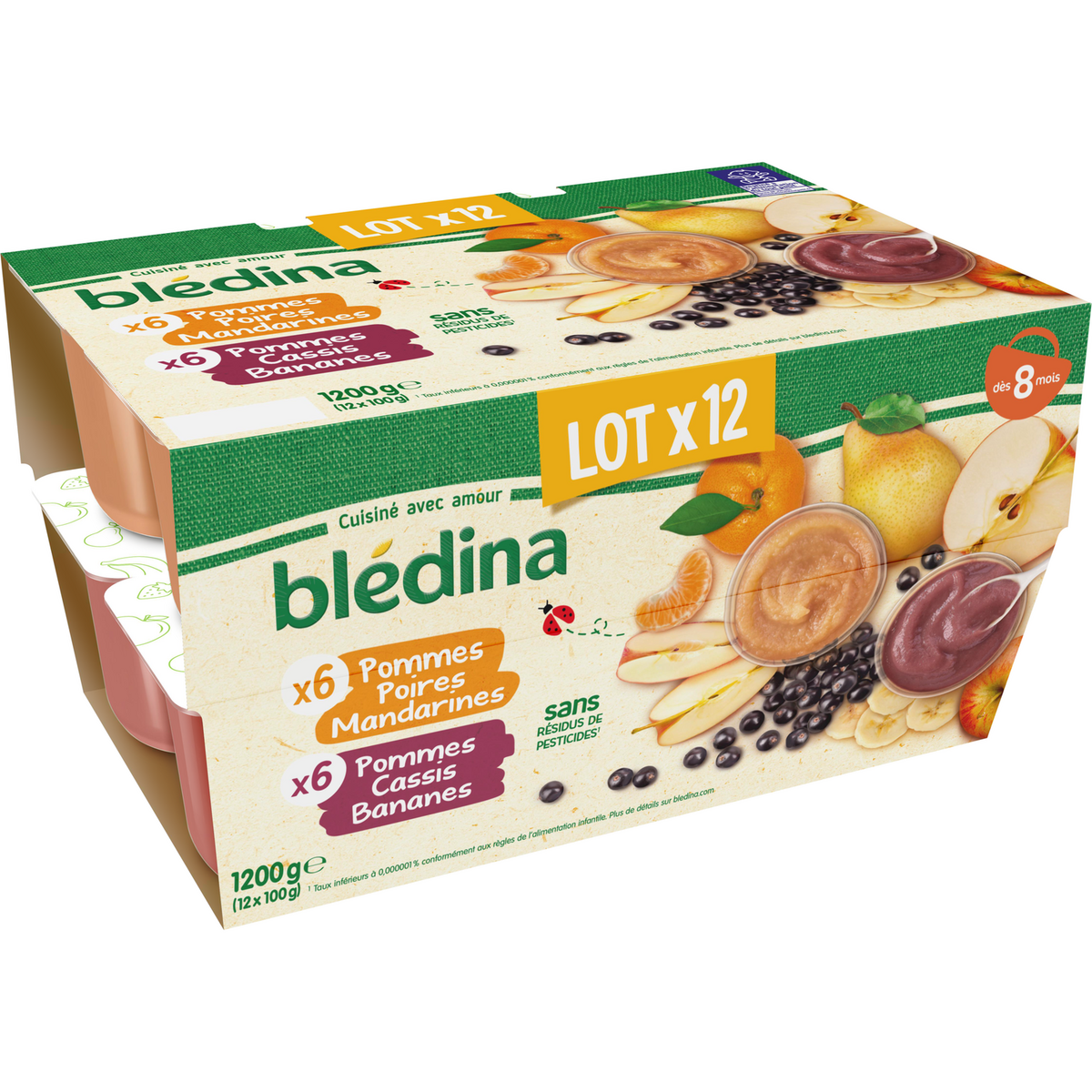 BLEDINA Petits pots de purée de fruits panaché dès 8 mois 12x100g