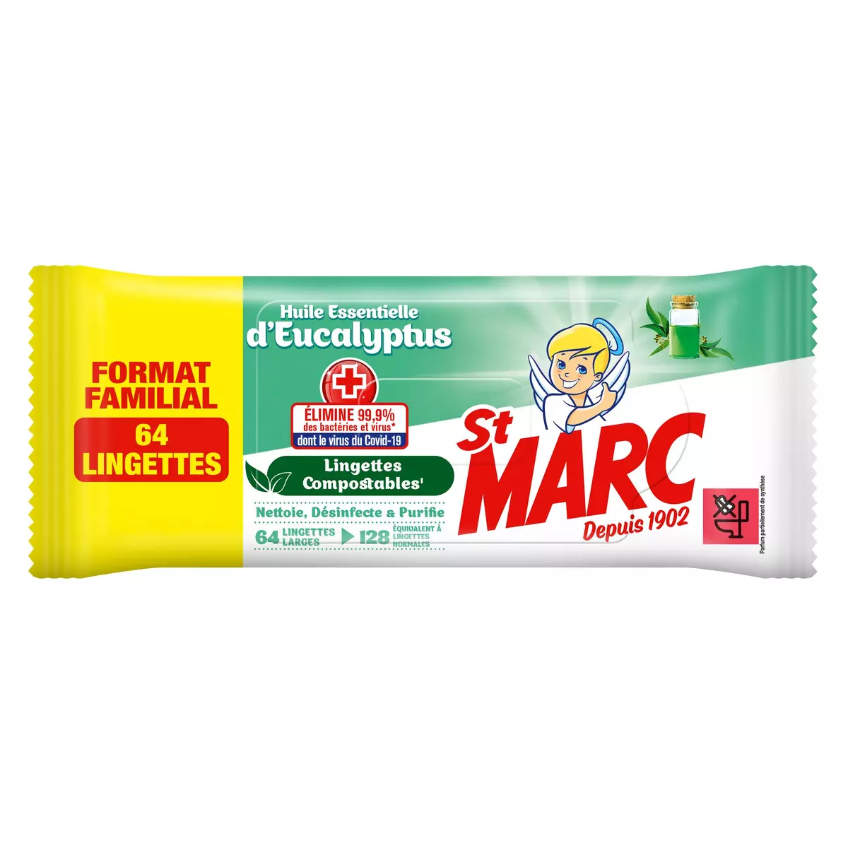 ST MARC Lingettes biodégradables désinfectantes aux huiles essentielles eucalyptus 64 lingettes