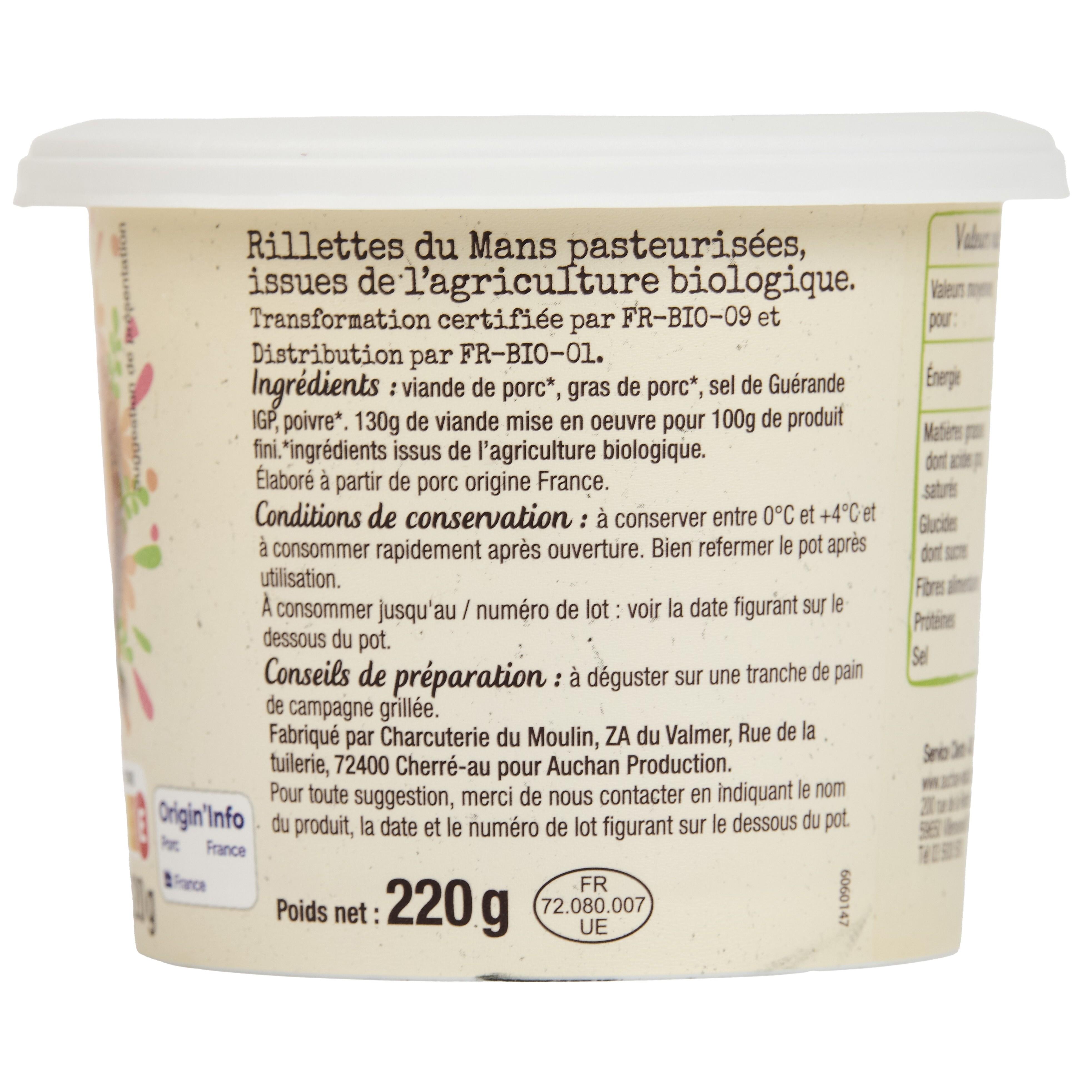 Voir la diapositive 3 : AUCHAN BIO Rillettes du Mans 220g
