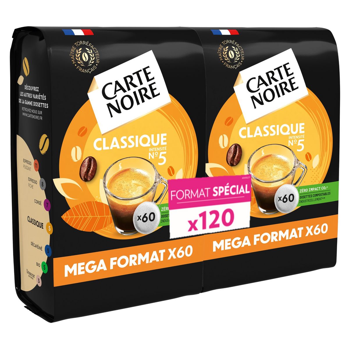 CARTE NOIRE Dosettes de café classique n°5 compatibles Senseo 2x60 pièces  840g