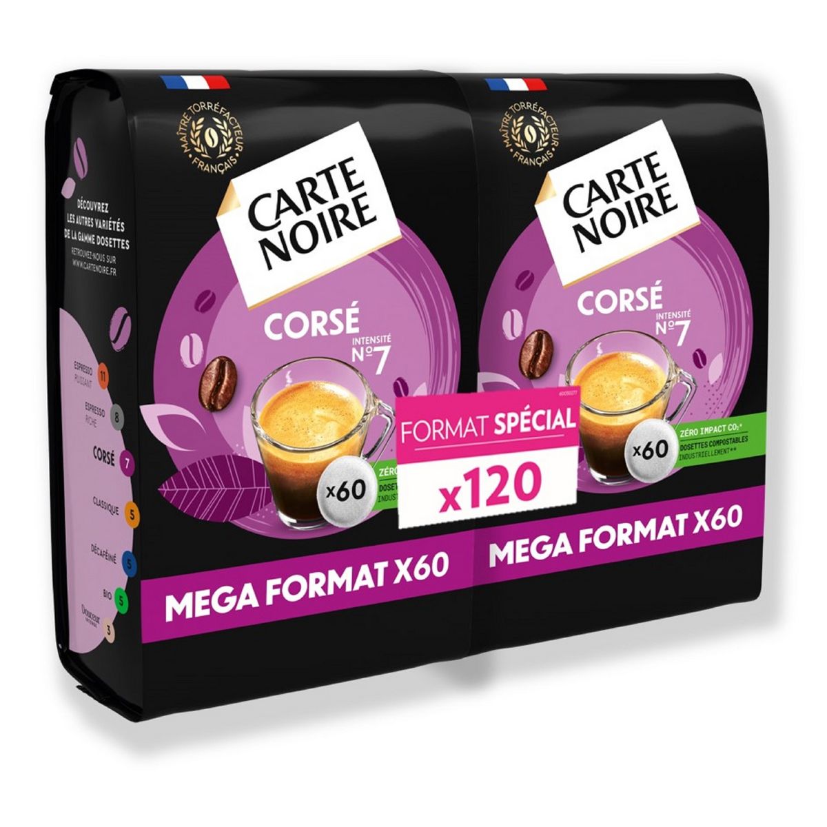 CARTE NOIRE Dosettes de café corsé intense N°7 compostables 2x60 dosettes 840g