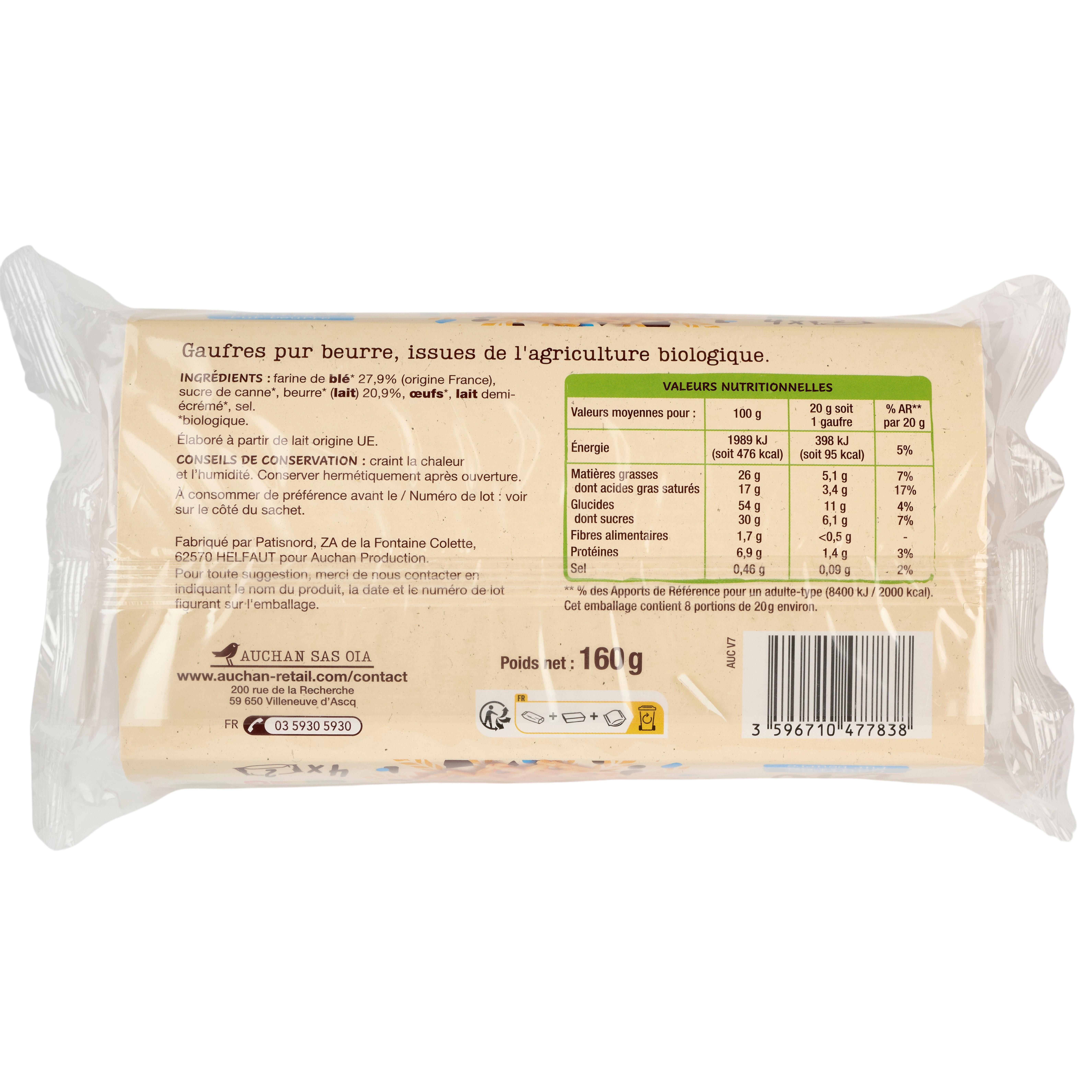 Voir la diapositive 2 : AUCHAN BIO Gaufres bio pur beurre 8 pièces 160g