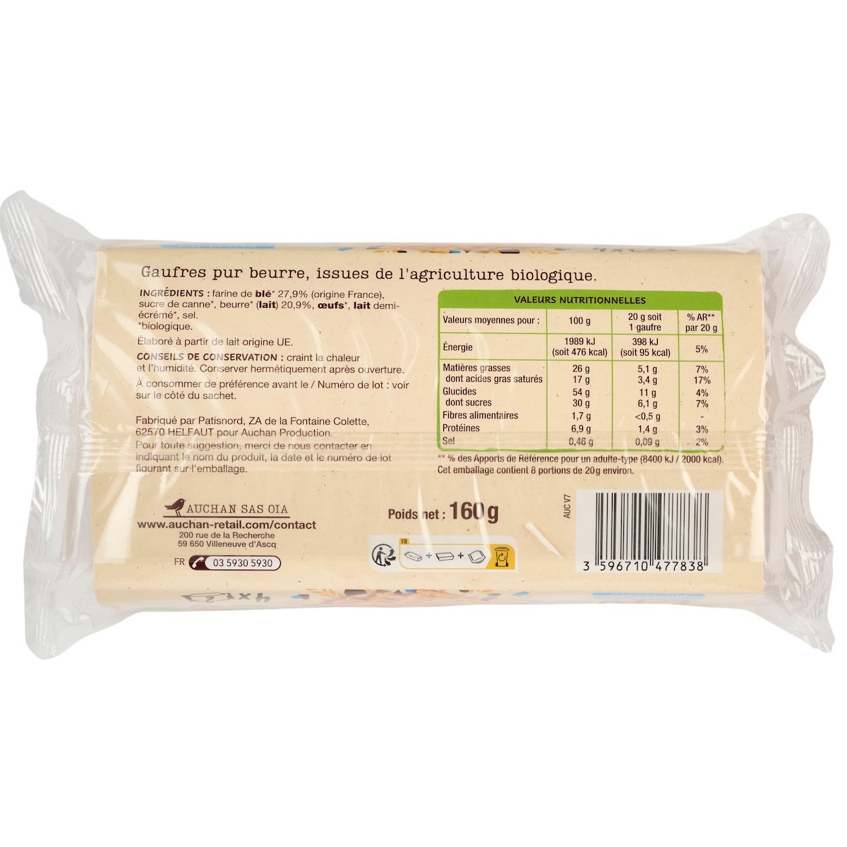 AUCHAN BIO Gaufres bio pur beurre 8 pièces 160g
