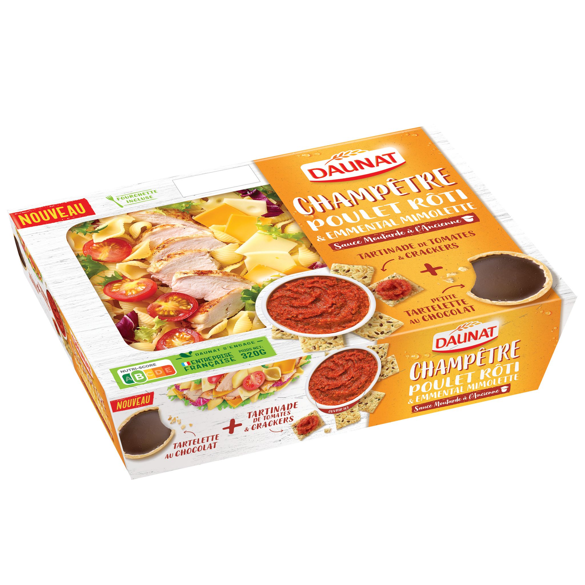 Voir la diapositive 2 : DAUNAT Salade champêtre poulet rôti emmental et mimolette avec fourchette 320g