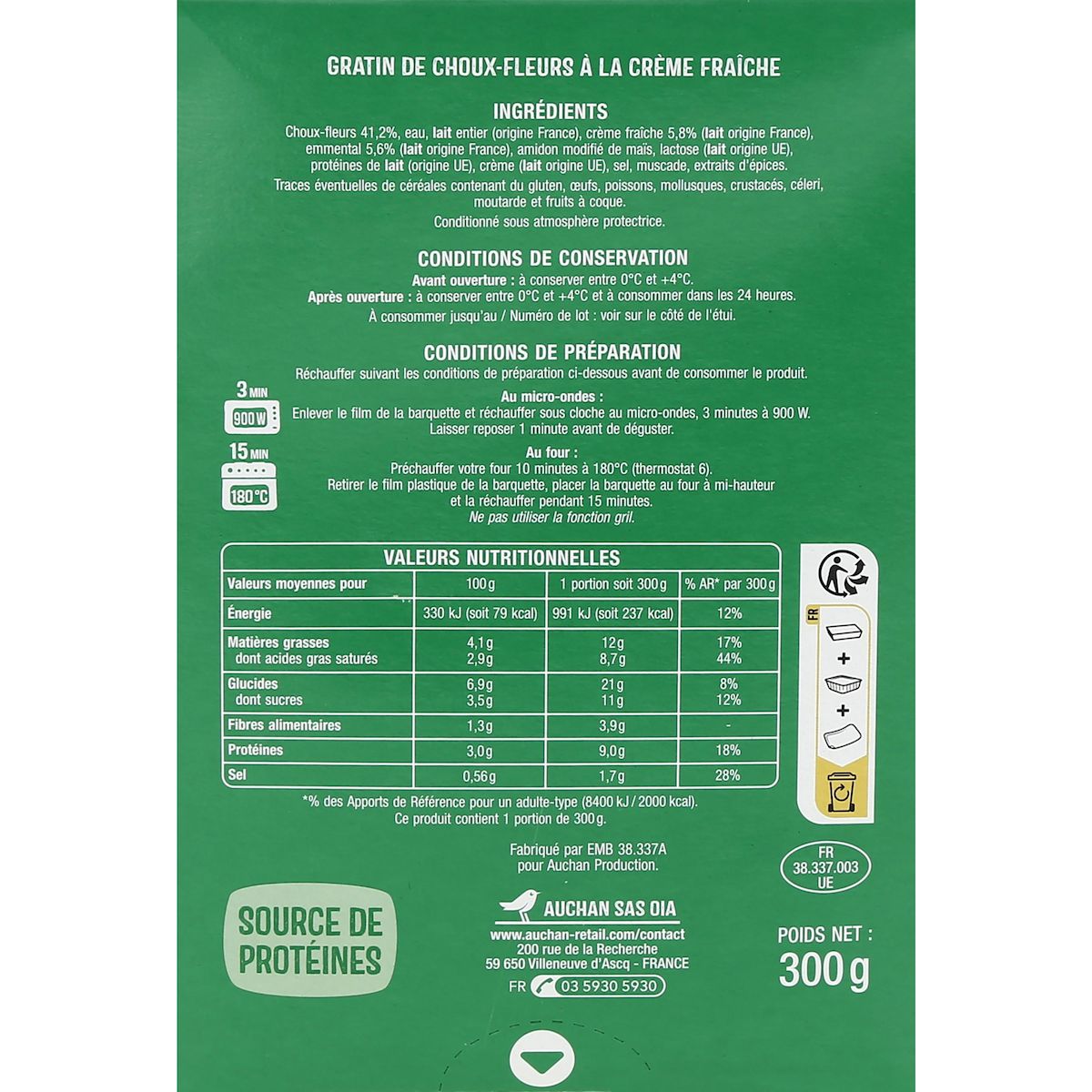 AUCHAN Gratin de choux-fleur gratiné sans couverts 1 part 300g