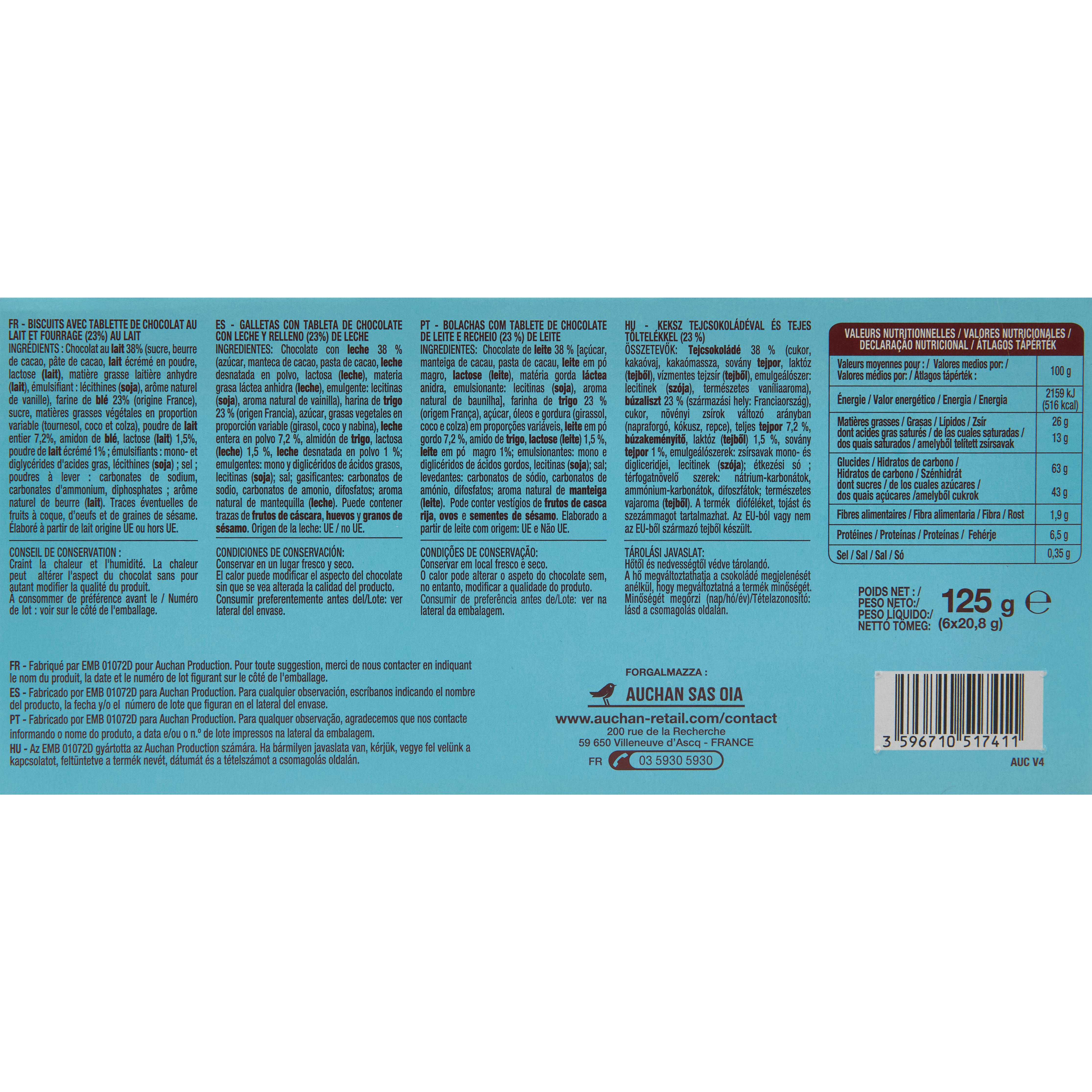 Voir la diapositive 3 : AUCHAN Biscuits barres fourrées au chocolat sachets individuels 6 biscuits 125g