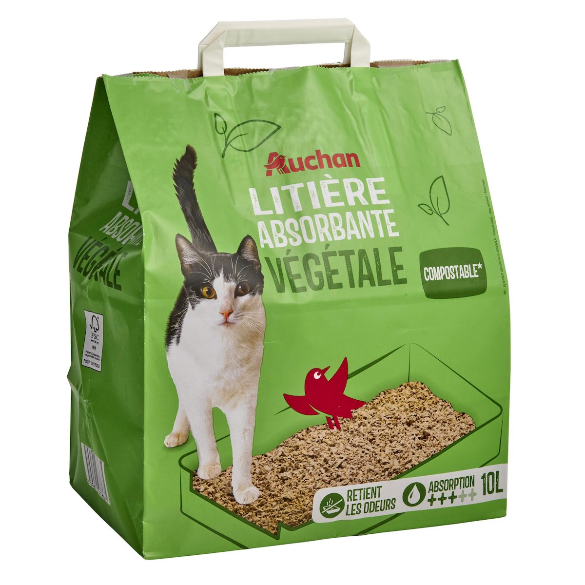 AUCHAN Litière végétale absorbante stop odeur pour animaux familier 10l