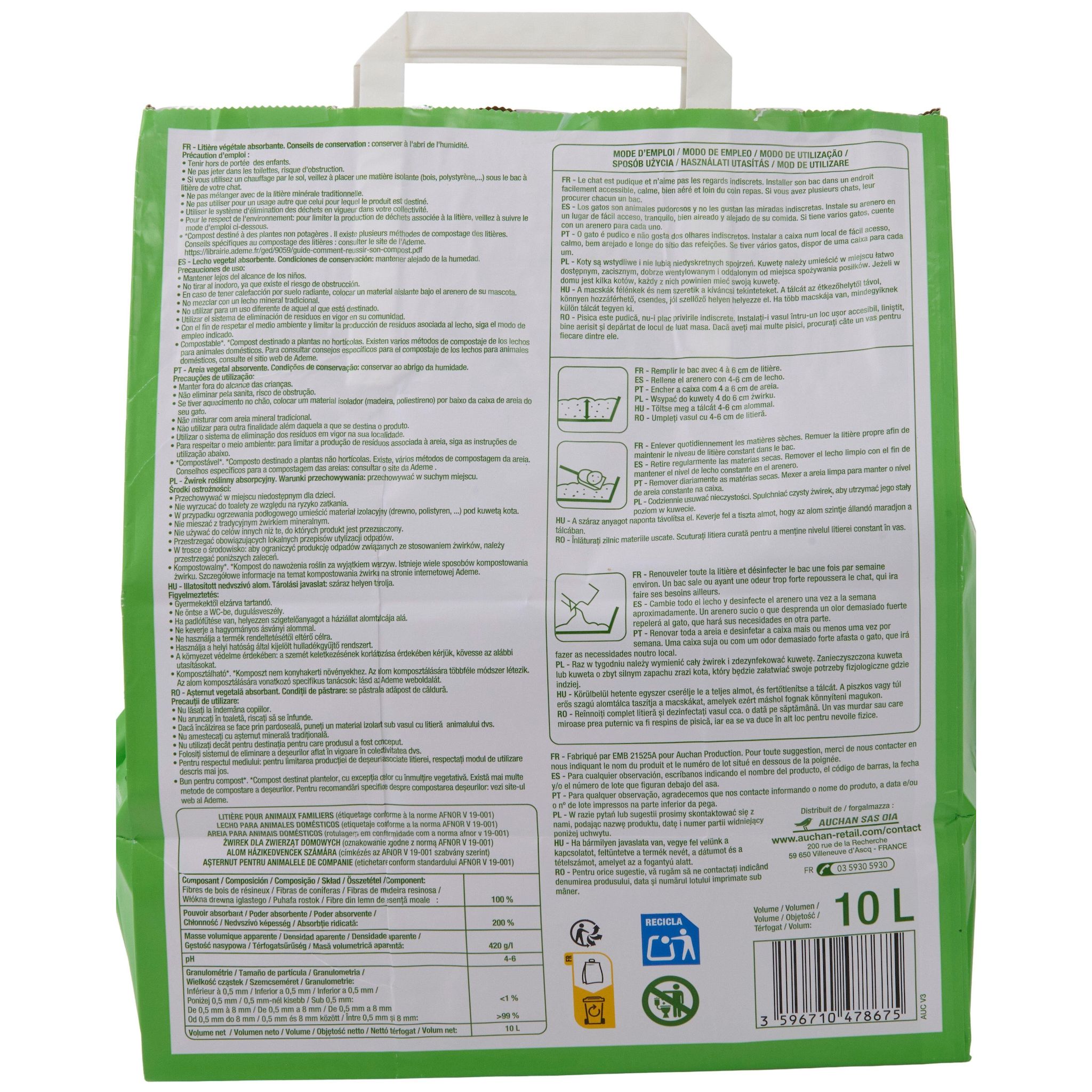 Voir la diapositive 2 : AUCHAN Litière végétale absorbante stop odeur pour animaux familier 10l