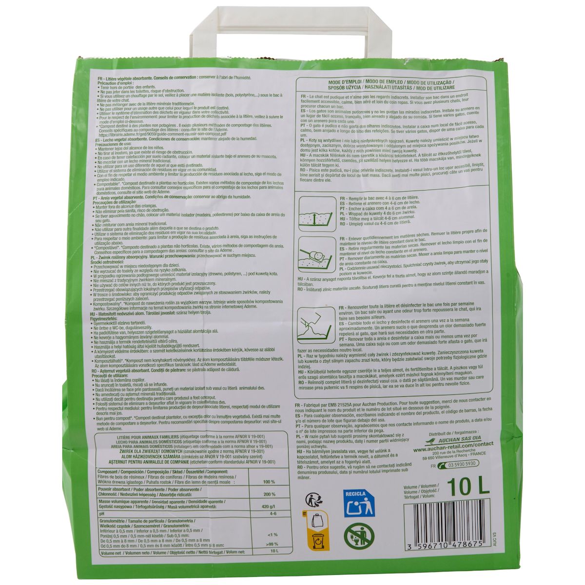 AUCHAN Litière végétale absorbante stop odeur pour animaux familier 10l