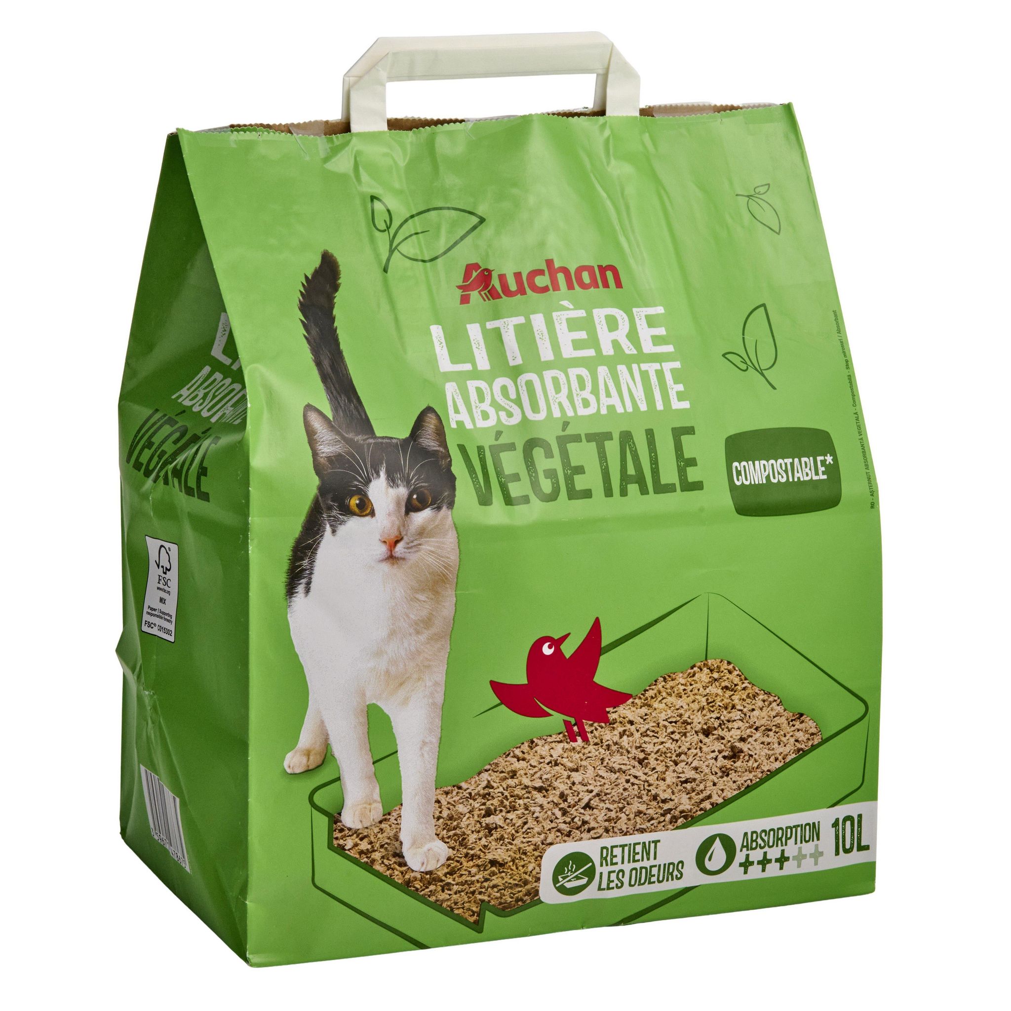 Voir la diapositive 5 : AUCHAN Litière végétale absorbante stop odeur pour animaux familier 10l