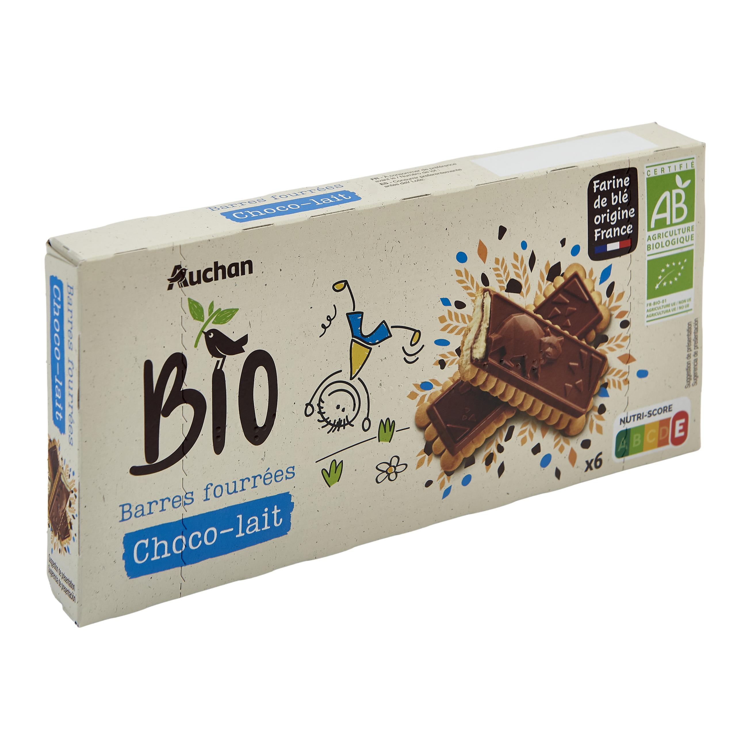 Voir la diapositive 2 : AUCHAN BIO Barres au chocolat fourrées au lait 6 biscuits 125g