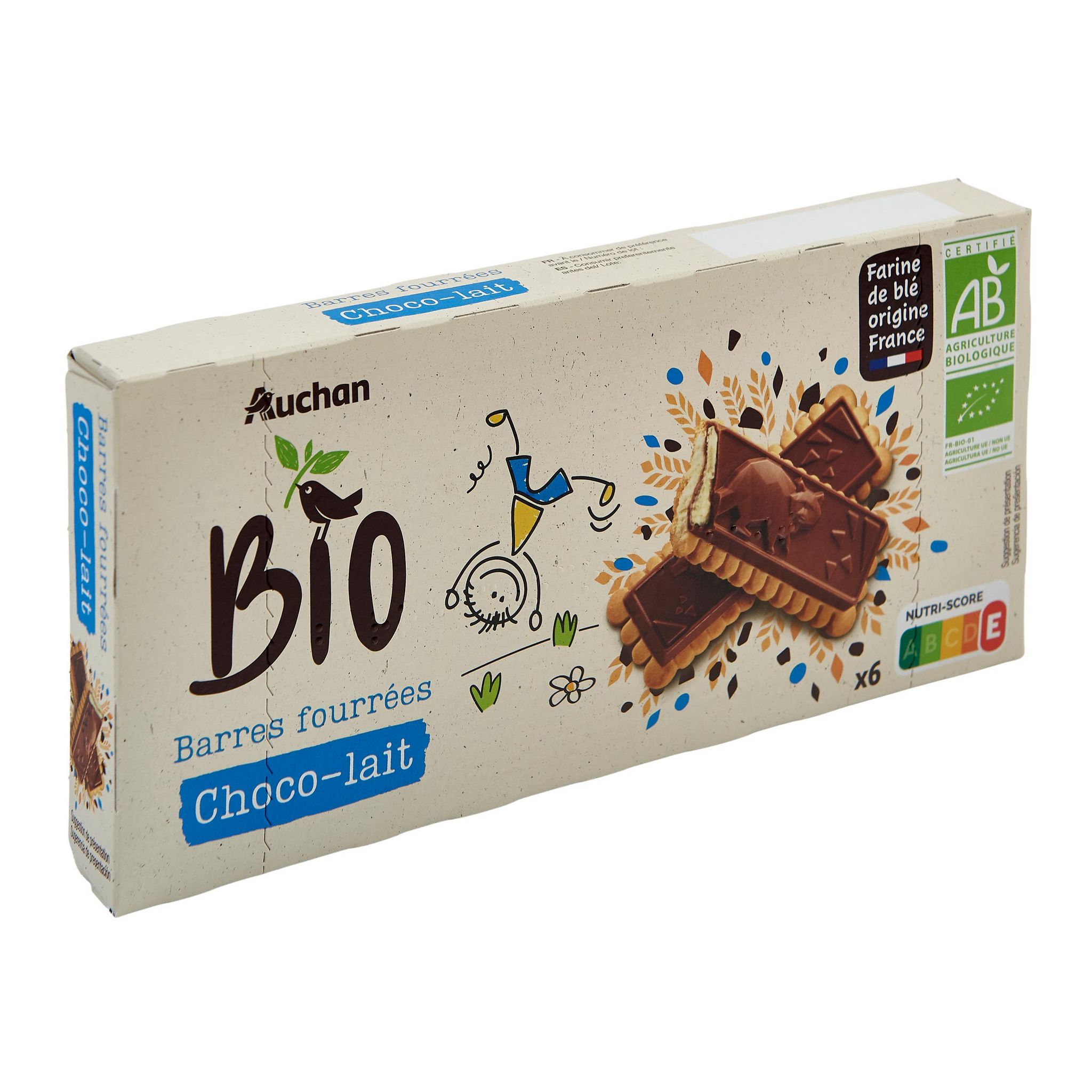 Voir la diapositive 2 : AUCHAN BIO Barres au chocolat fourrées au lait 6 biscuits 125g