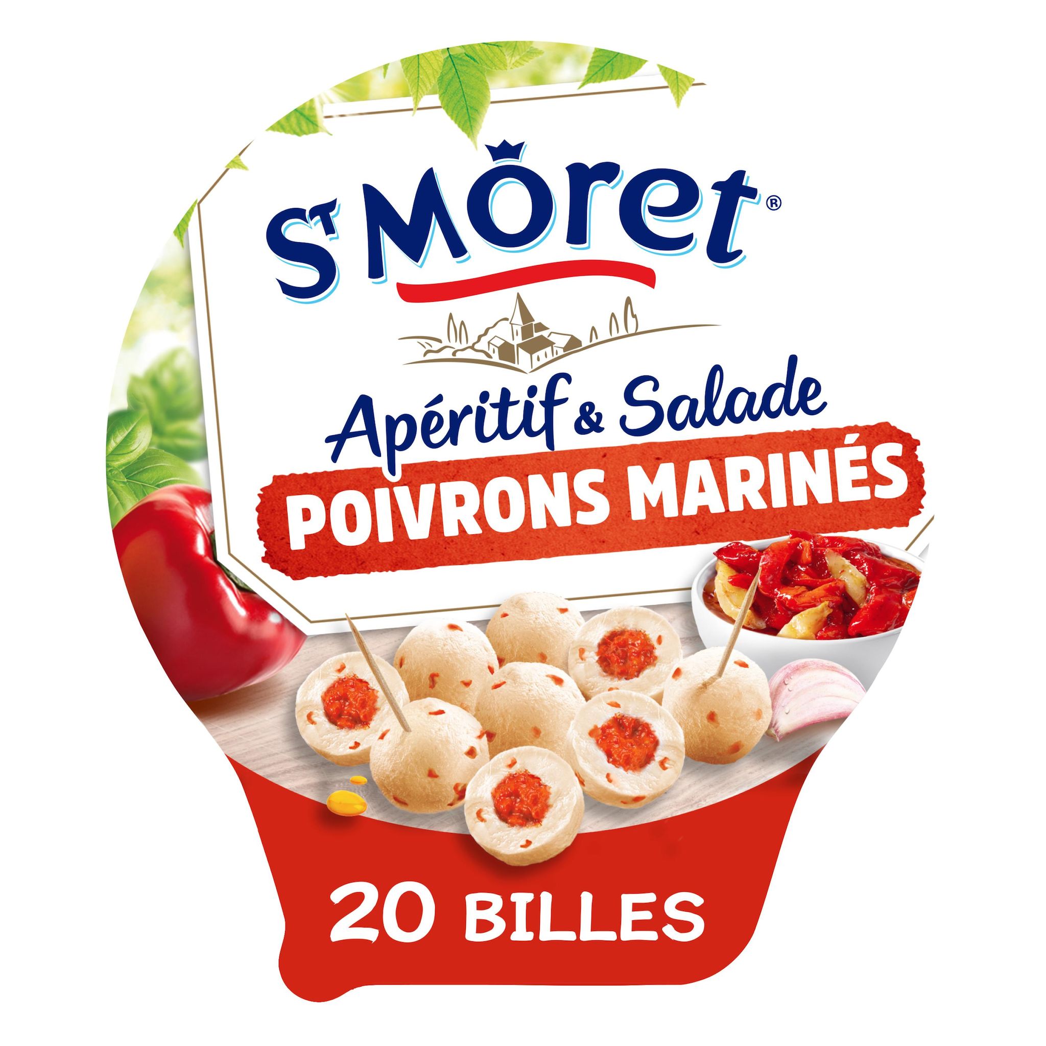 Voir la diapositive 2 : ST MORET Apéritif Billes fourrées cœur poivrons marinés à l'huile d'olive 24 pièces 100g