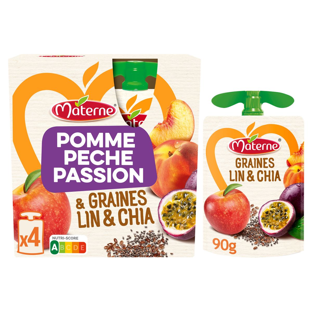 MATERNE Dessert gourdes pomme pêche passion graines lin et chia sans sucres ajoutés 4x90g