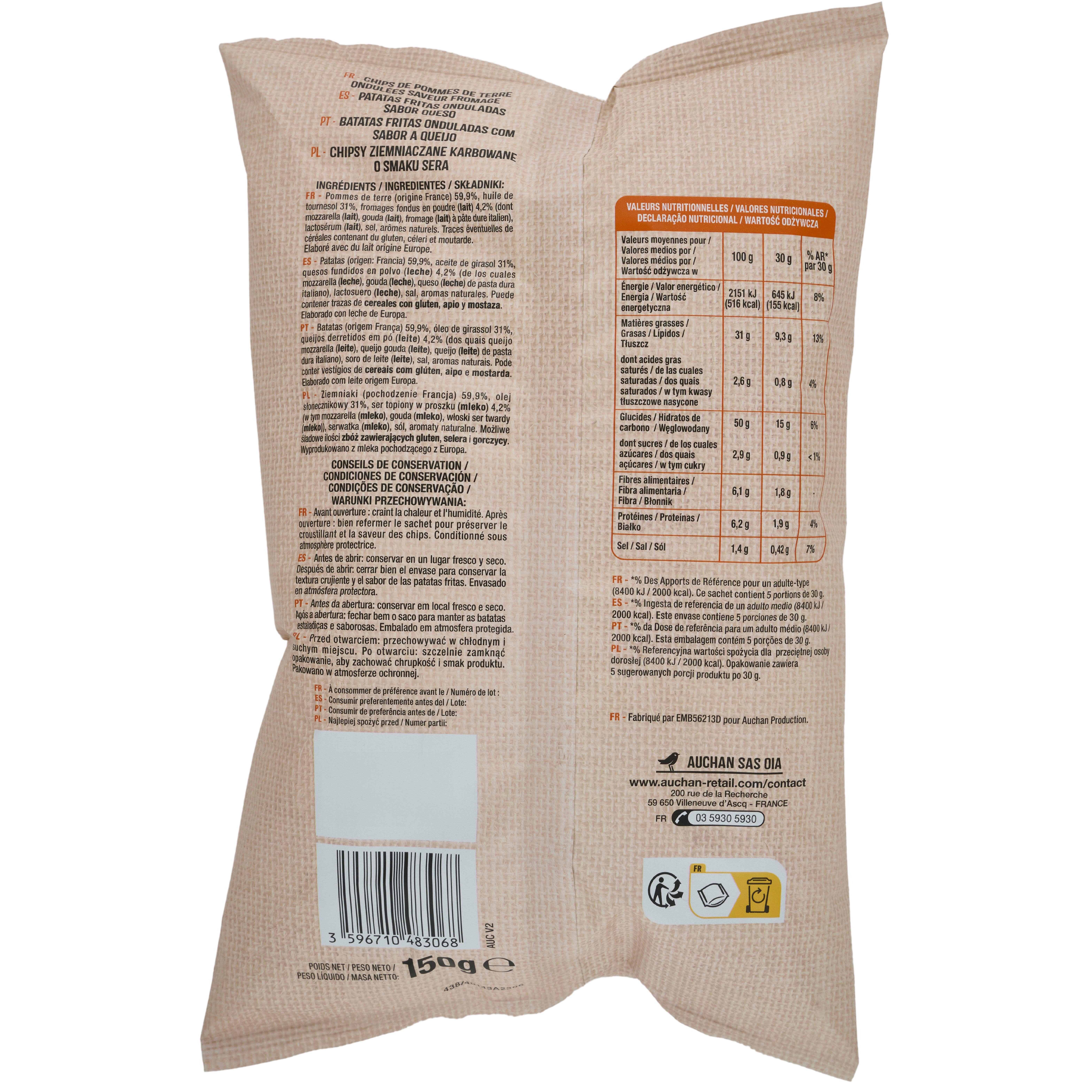 Voir la diapositive 2 : AUCHAN Chips paysannes ondulées saveur fromage 150g