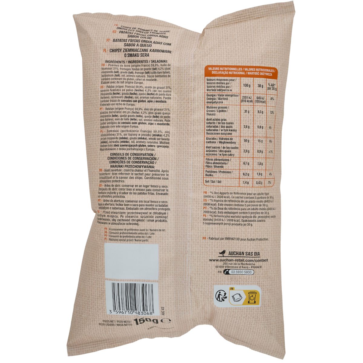 AUCHAN Chips paysannes ondulées saveur fromage 150g