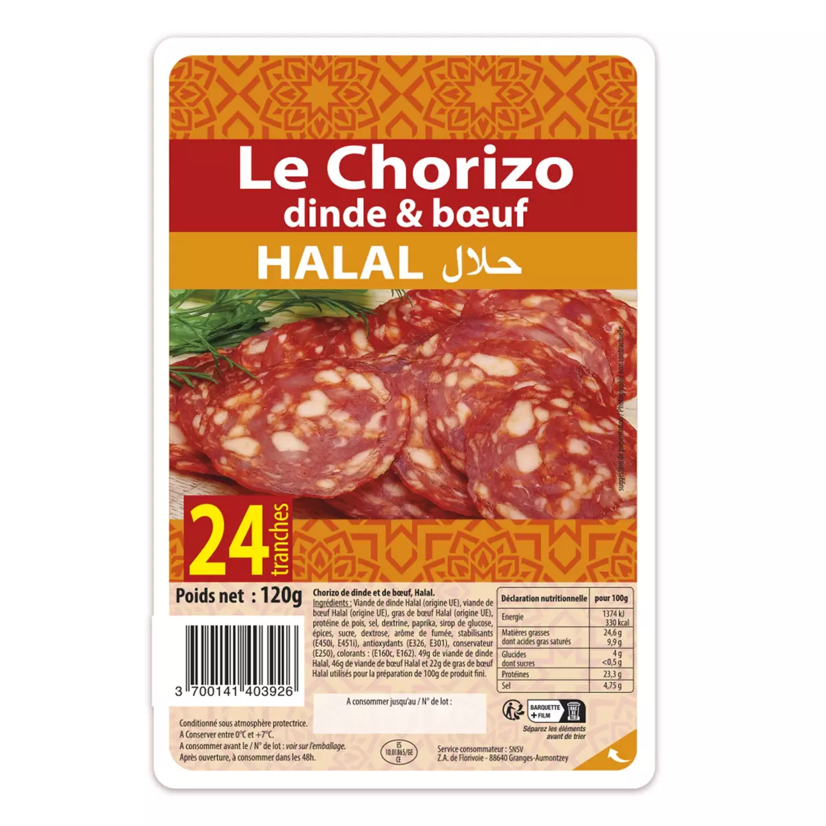 Chorizo de dinde et boeuf halal 24 tranches 120g