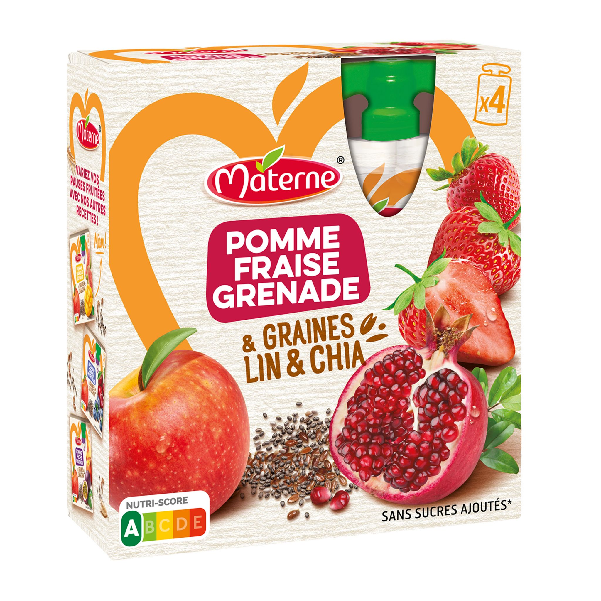 Voir la diapositive 2 : MATERNE Dessert gourdes céréales graines pomme fraise sans sucres ajoutés 4x90g
