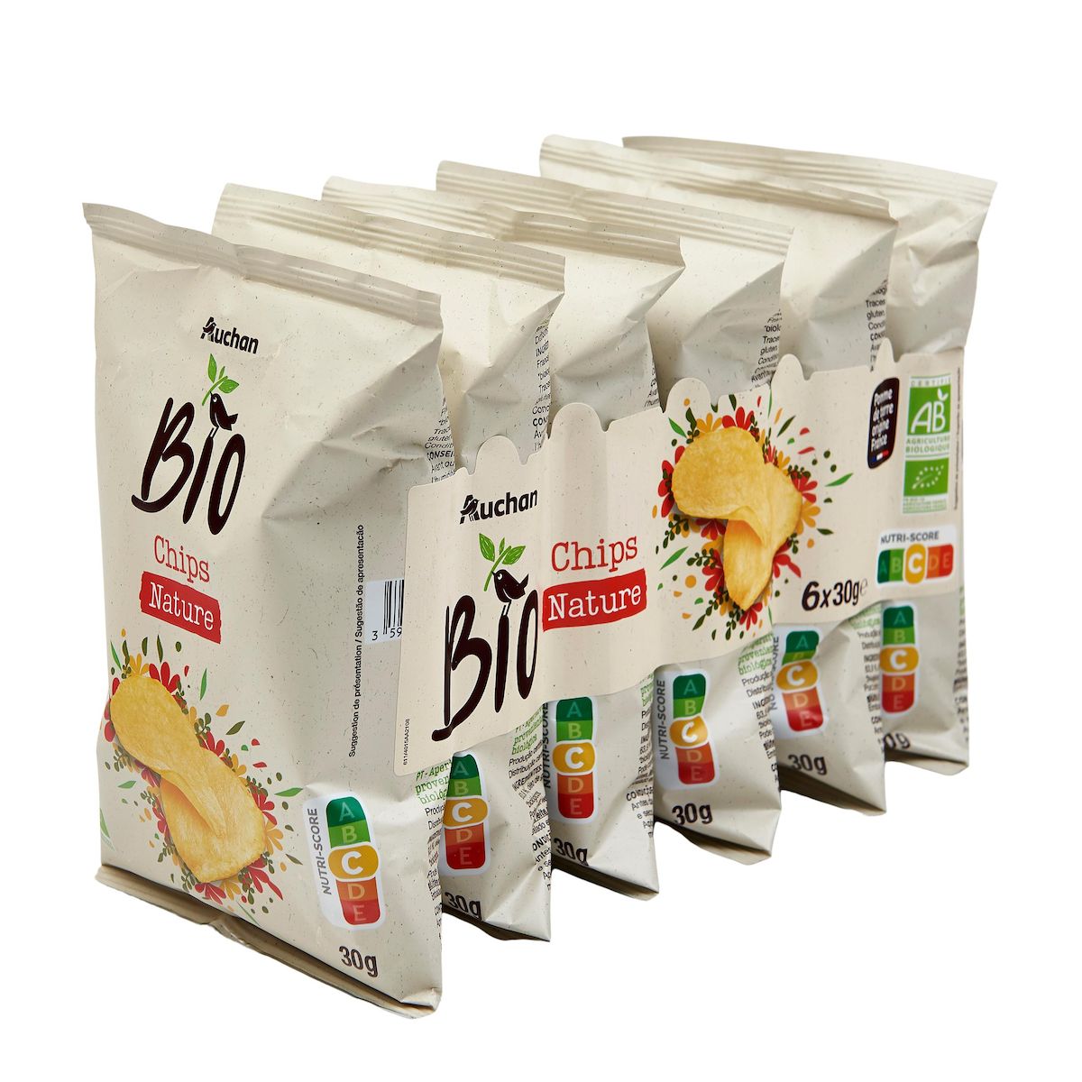 AUCHAN BIO Chips nature en sachets individuels 6 sachets 6x30g