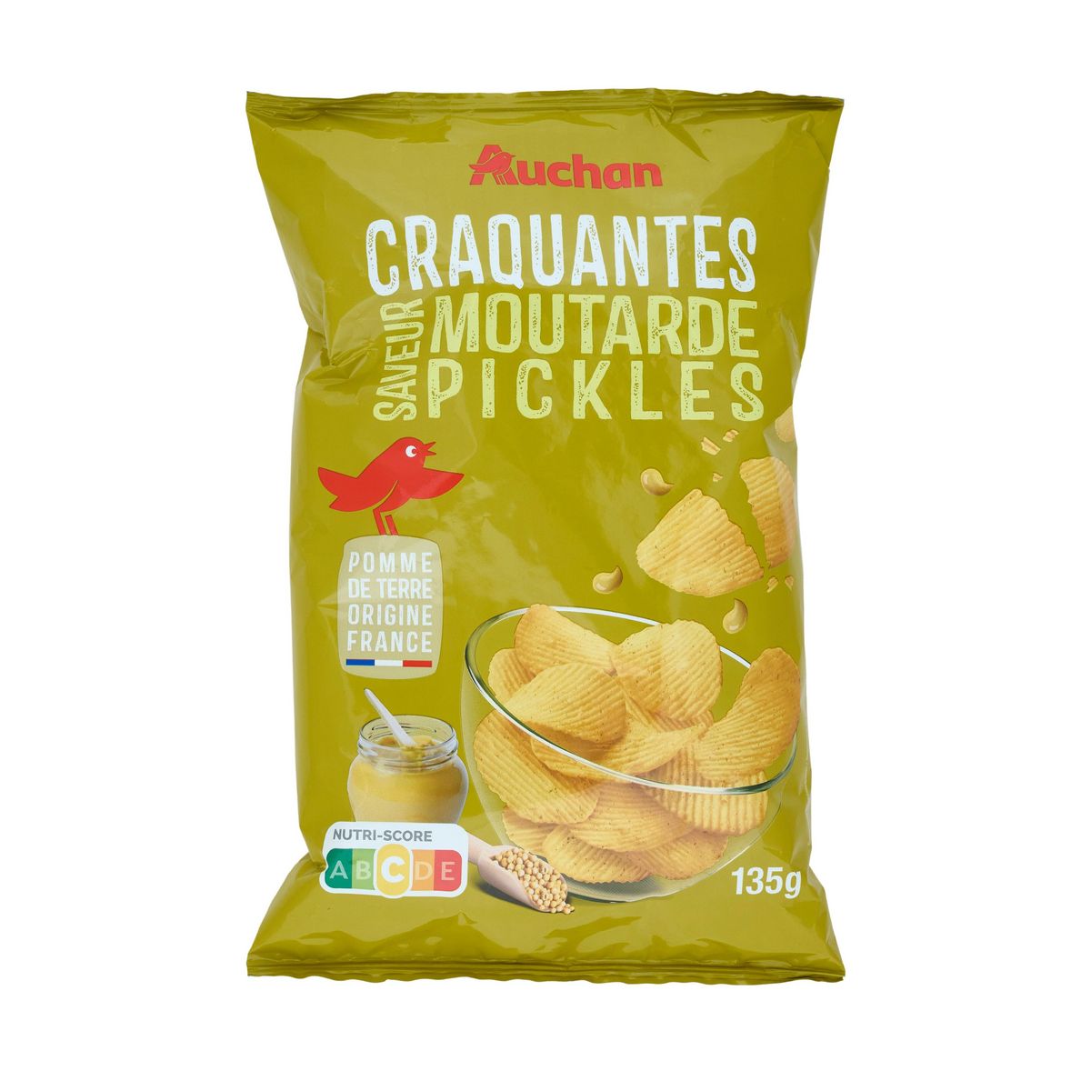 AUCHAN Chips ondulées saveur moutarde pickles 135g